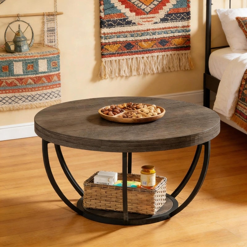 Round 2 Tier Wood Coffee Table With Metal Base For Living Room