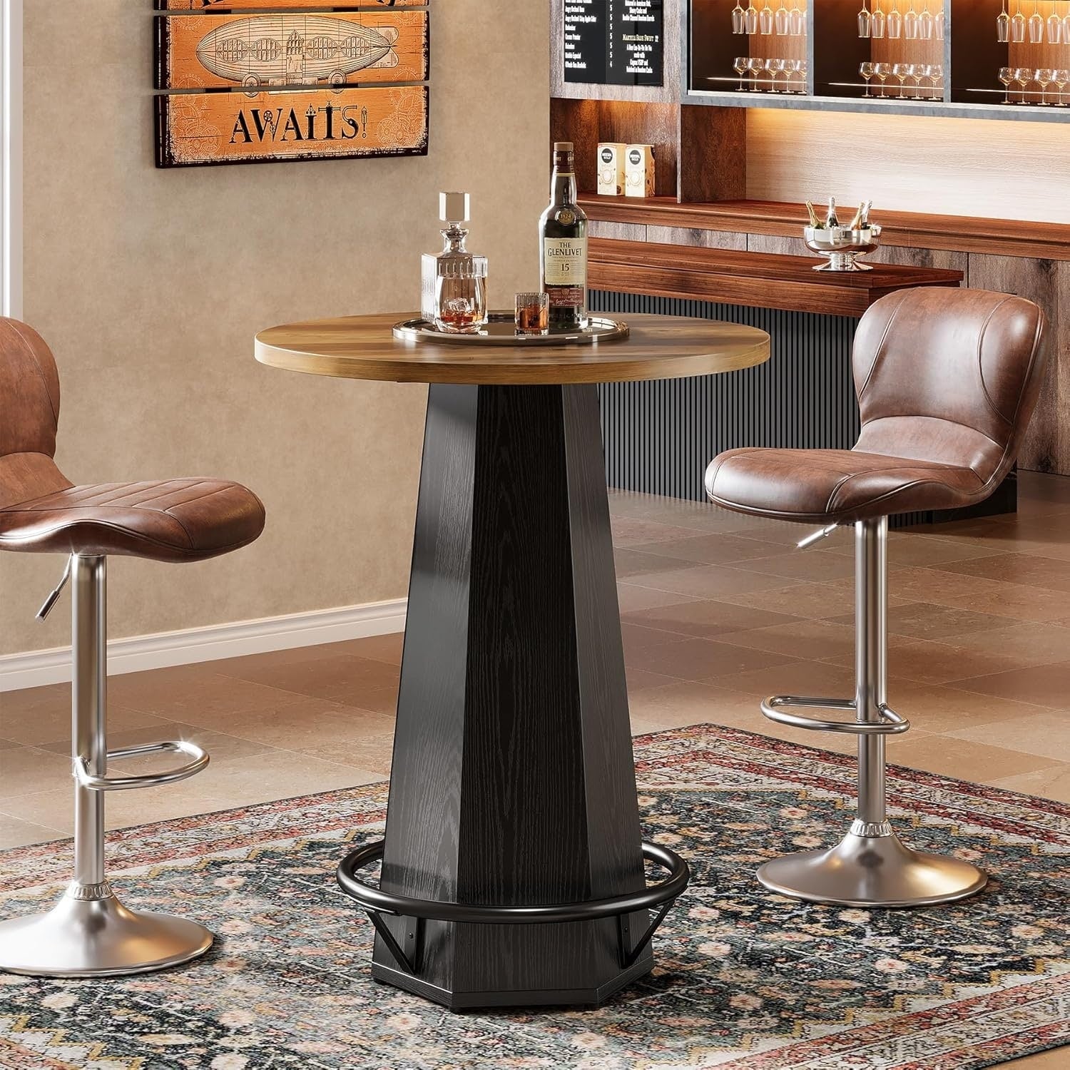 Round Bar Pub Table High Top 39.4 H Bistro Cocktail Table With Metal Footrest 31.49 L X 31.49 W X 37.4 H