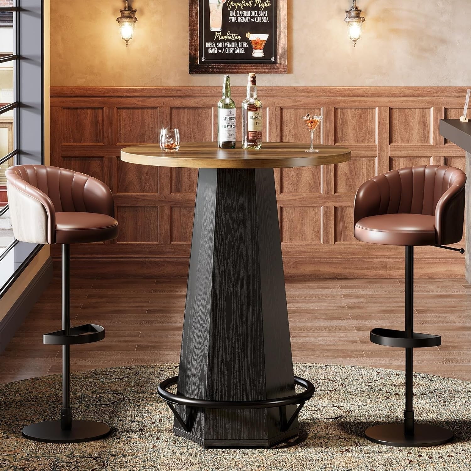 Round Bar Pub Table High Top 39.4 H Bistro Cocktail Table With Metal Footrest Industrial Home Bar Unit
