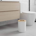 Round Bath Floor Trash Can Padang Waste Bin Bamboo Open Top Lid Plastic 5 Liters 1.3 Gal White Bamboo