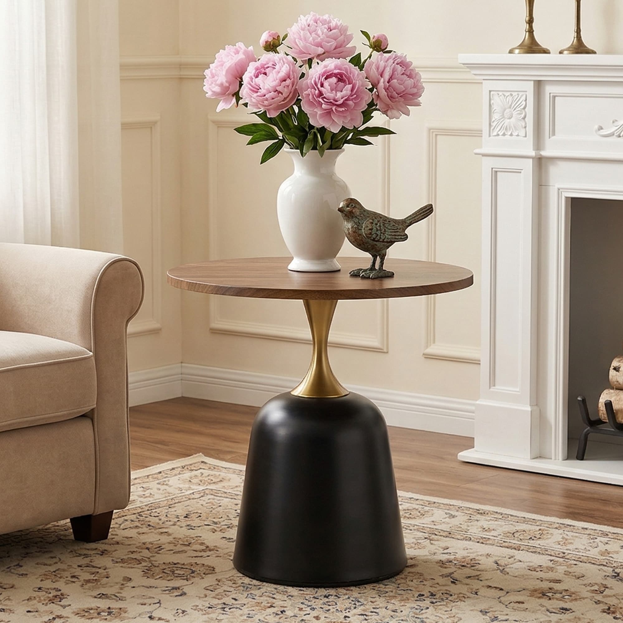 Round Coffee Table Accent Table With Metal Base Walnut End Table Simple Side Table Sofa Table Tea Table