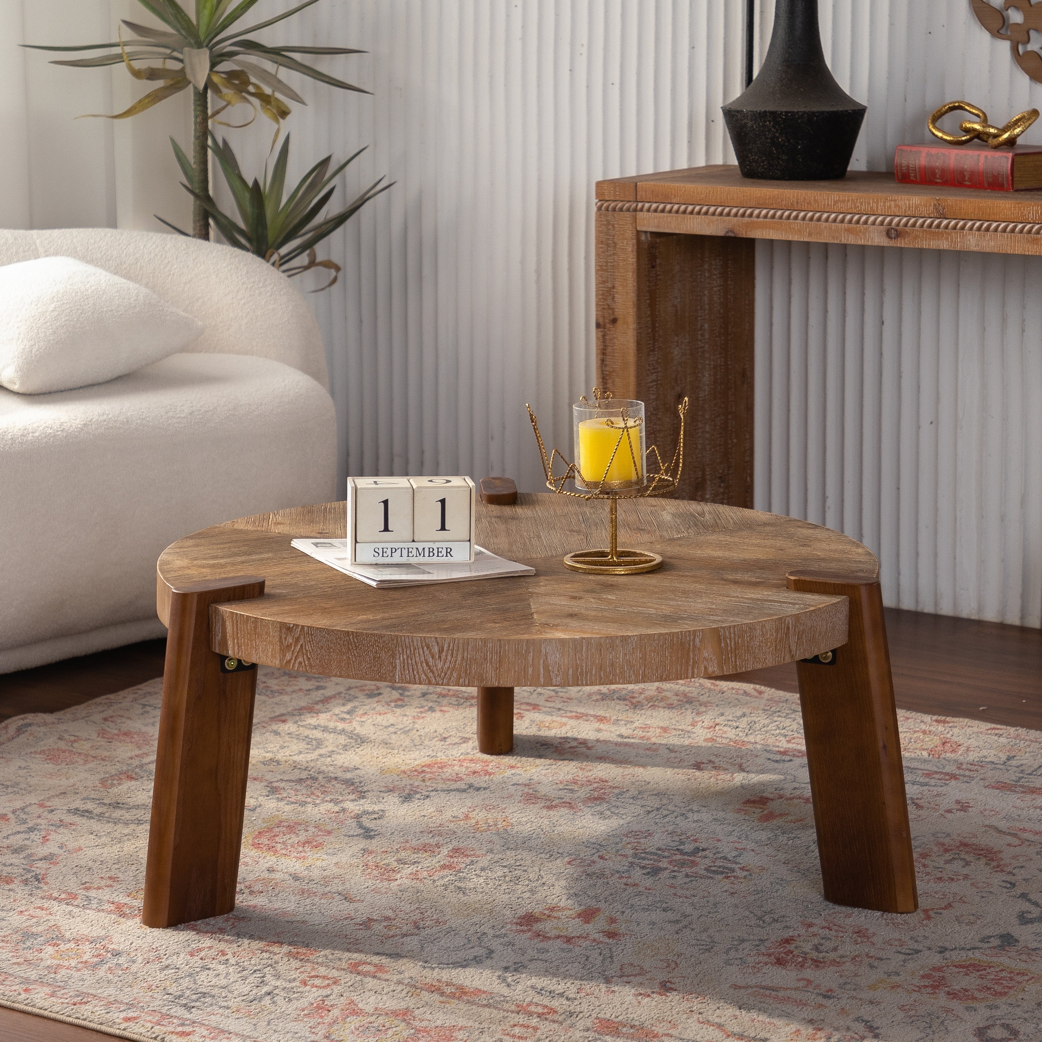 Round Coffee Table Farmhouse Side Table With Wood Legs Natural Wood Center Table Accent Table Sofa Table