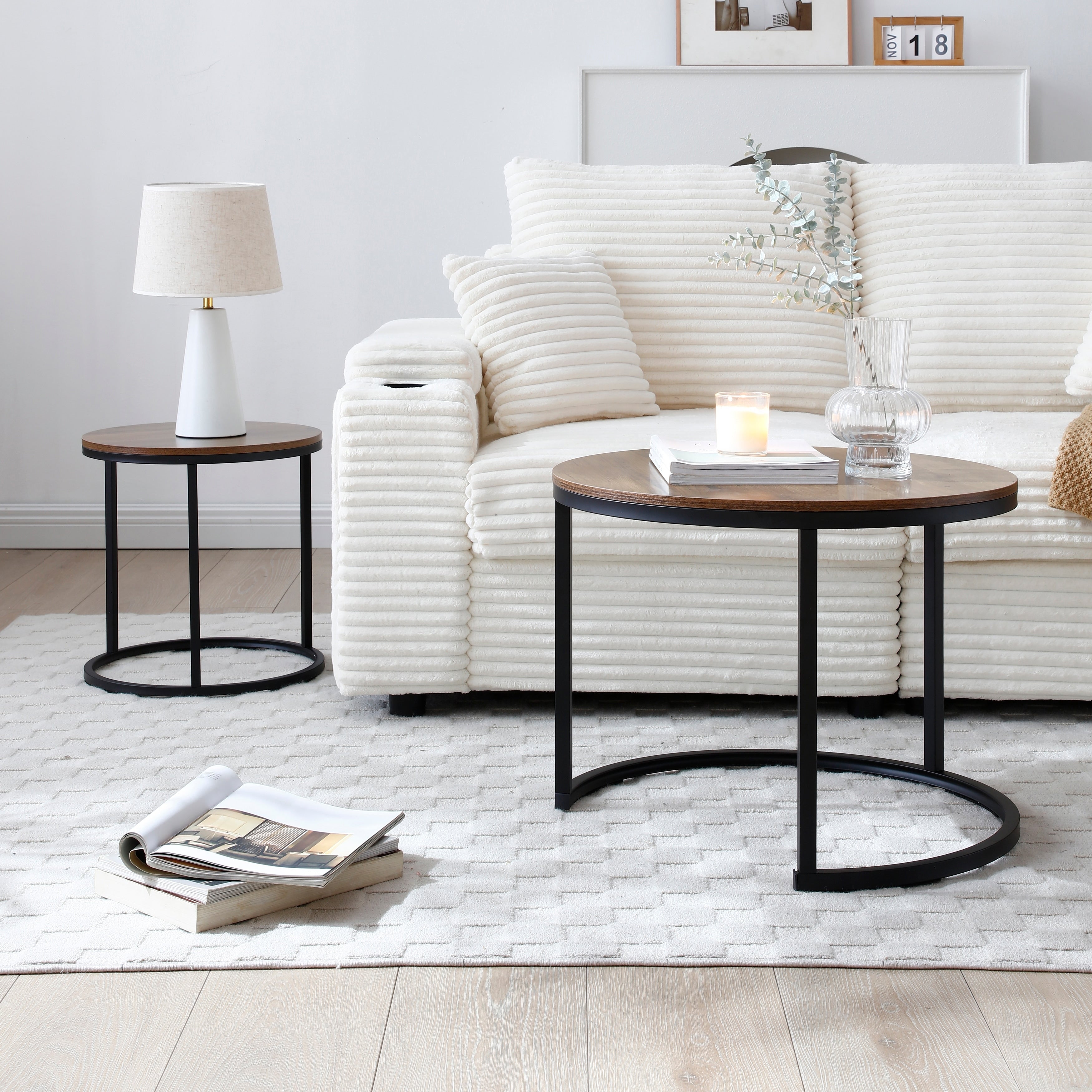 Round Coffee Table Nesting Table With Metal Legs Side Table Walnut End Table Sofa Table Accent Table