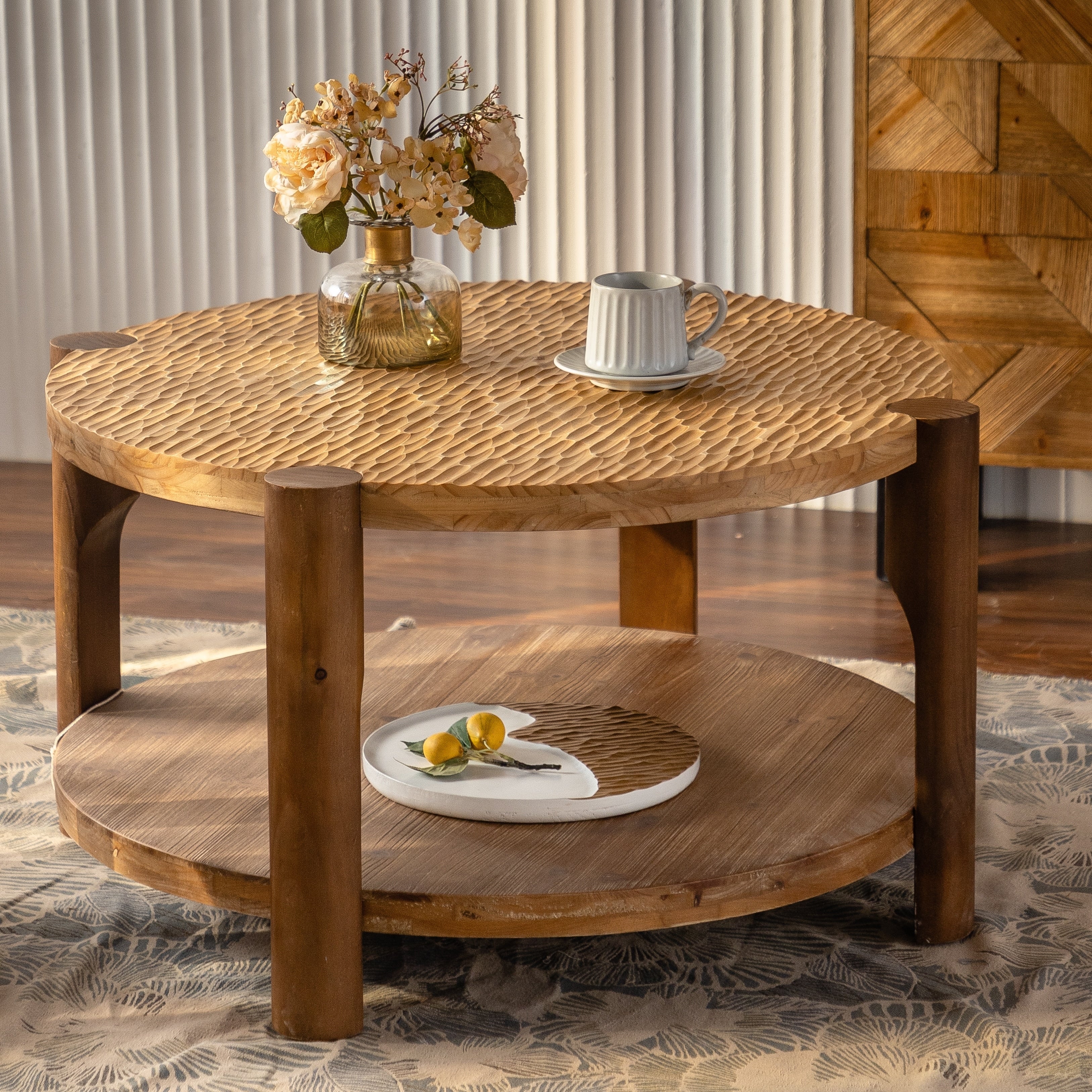 Round Coffee Table Side Table Center Table With Shelf Natural Wood Sofa Table Hallway Table Cocktail Table