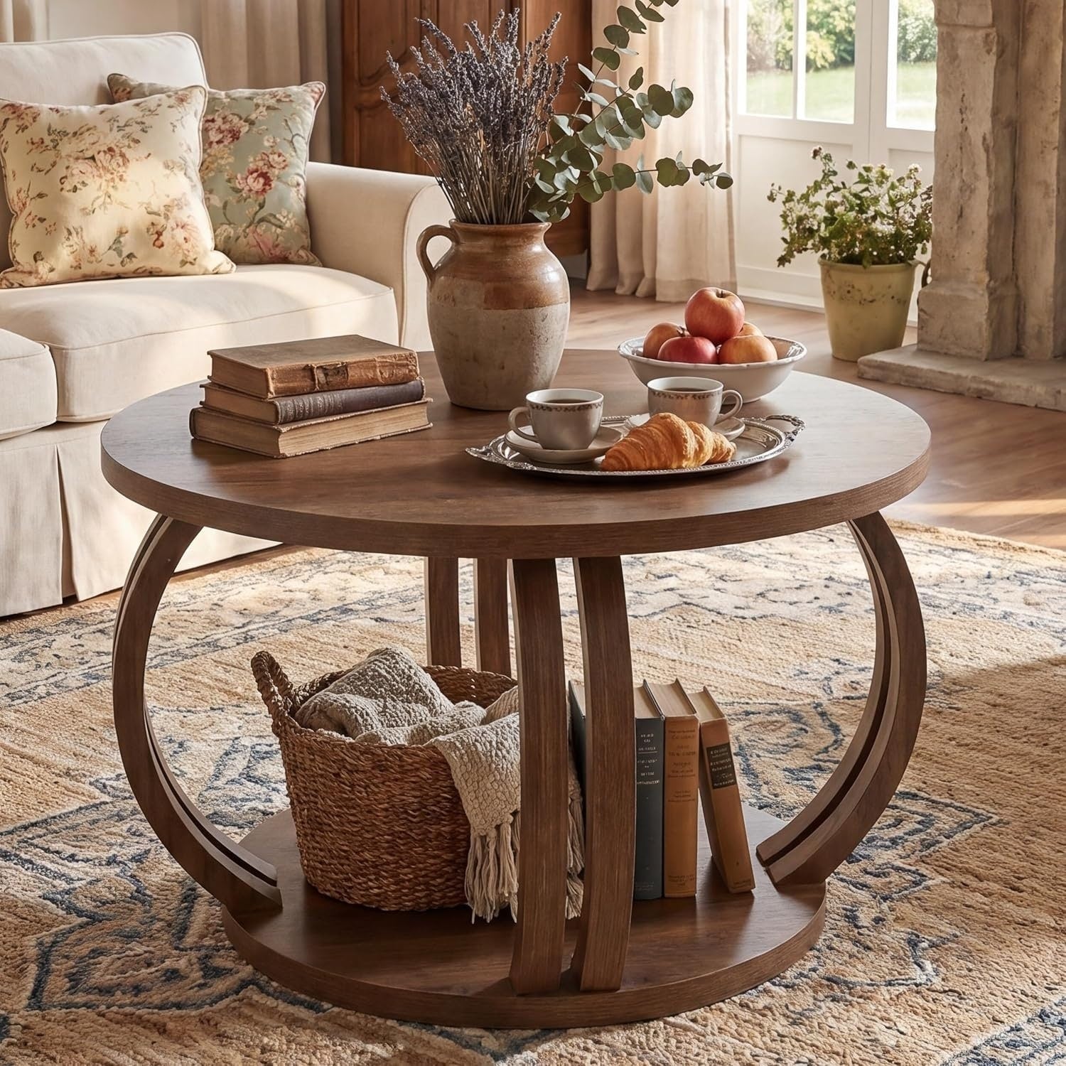 Round Coffee Table For Living Room Small Spaces 31.5 Modern Rustic Center Table With 2 Tier Storage Shelf