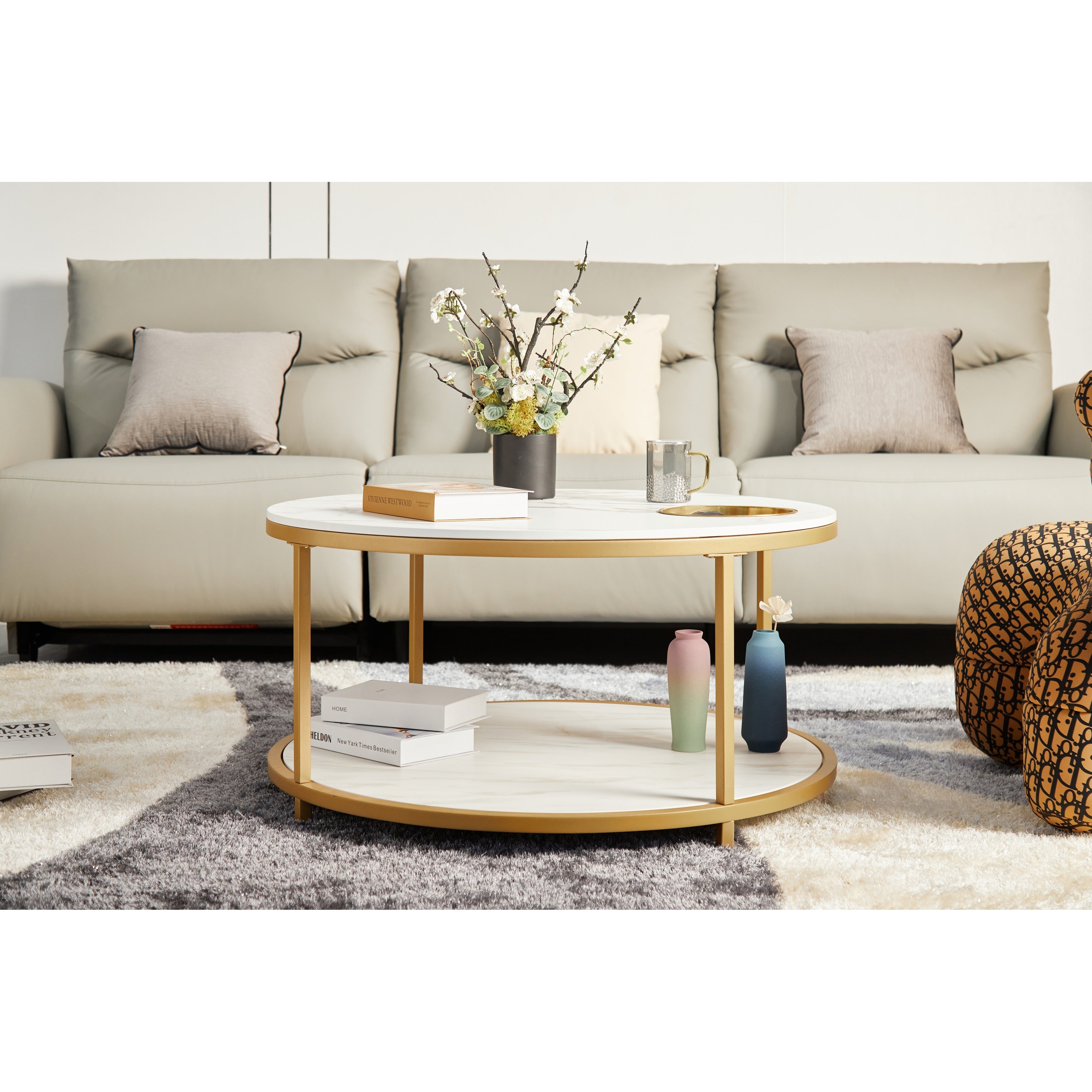 Round Coffee Table With Storage Tray And Lower Shelf Two Tier Modern Design