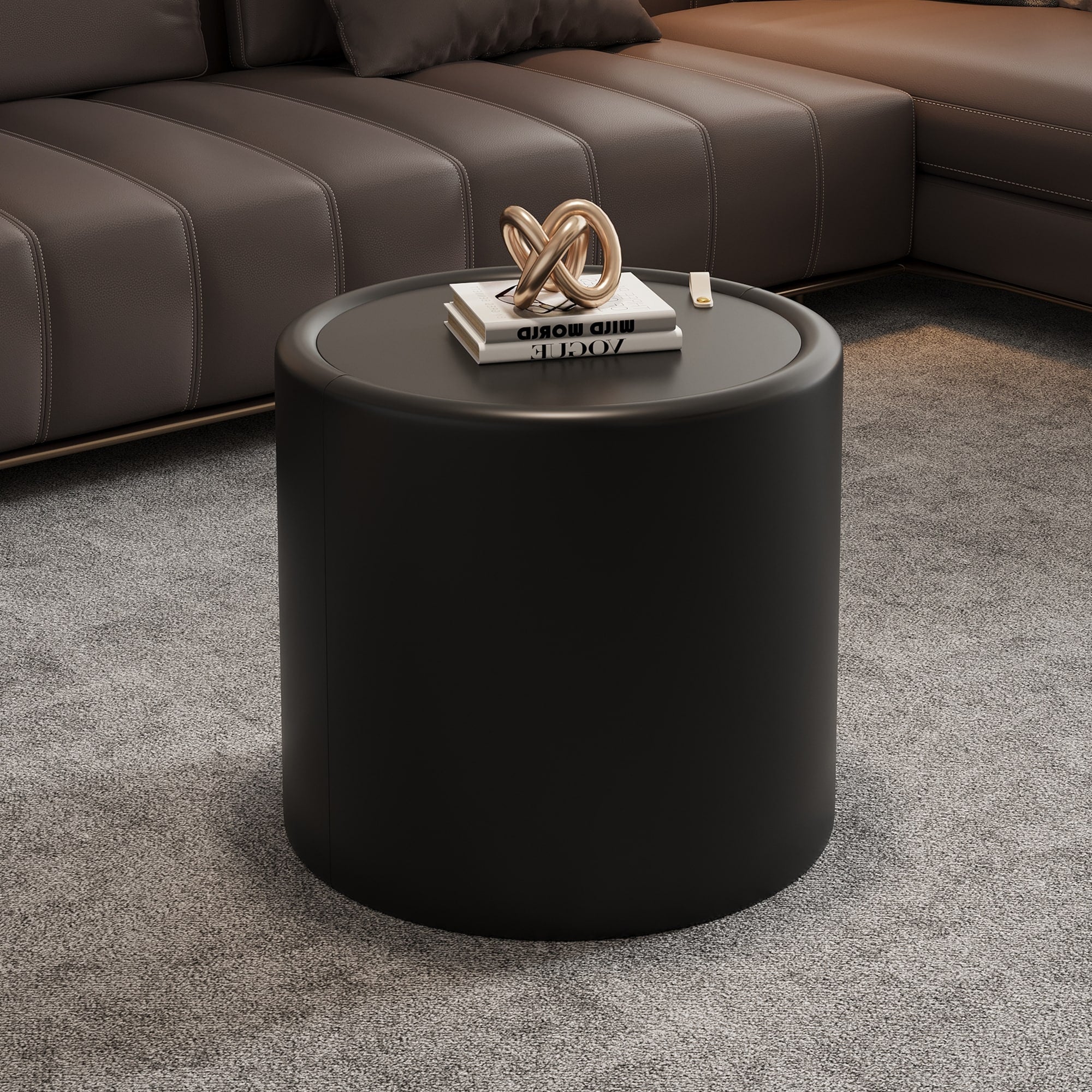 Round Coffee Table With Tempered Glass Top Pu Leather Body Hidden Storage For Living Room Modern Accent Table