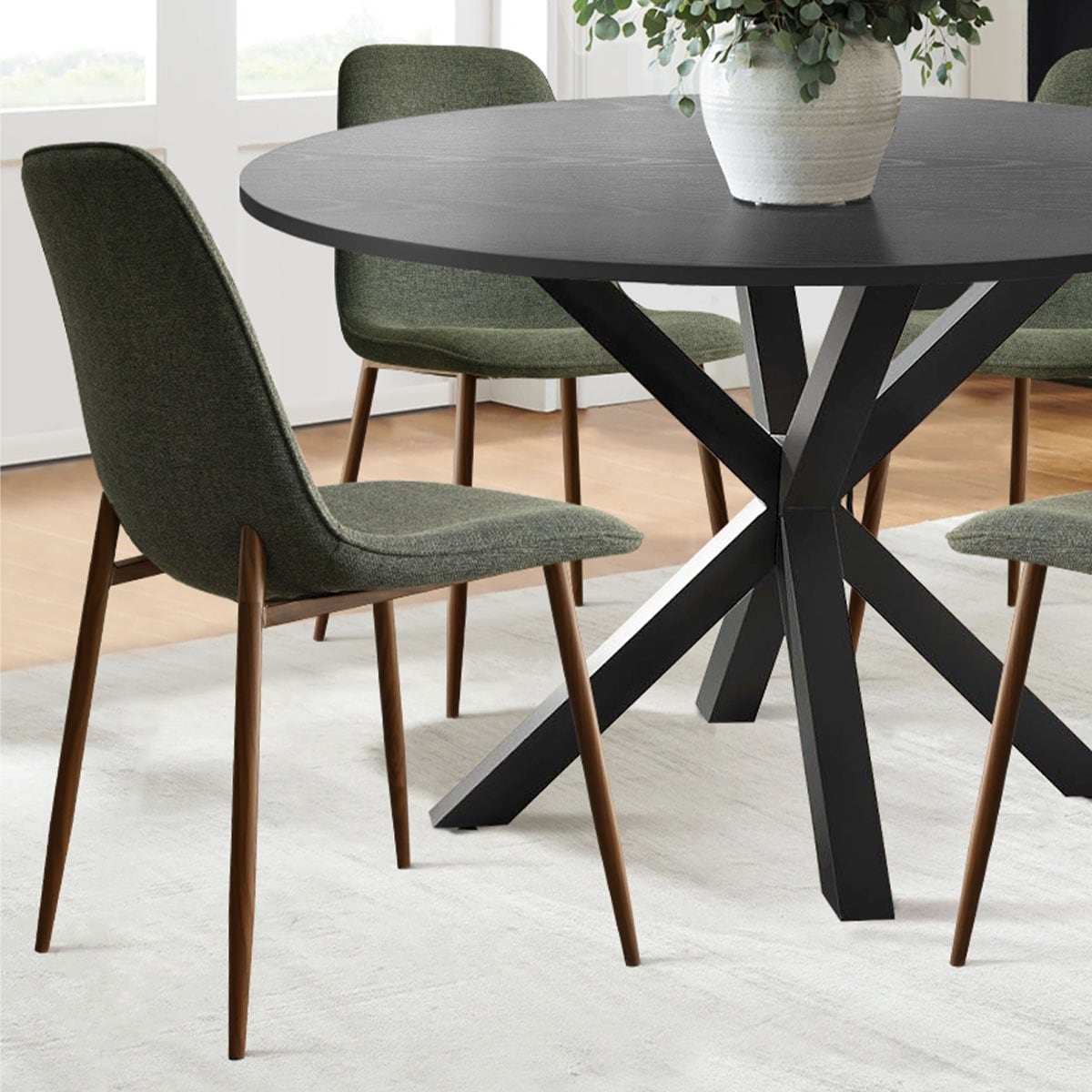 5 Piece Dining Table Set For 4 With Upholstered Chairs And Round Crossed Base Table