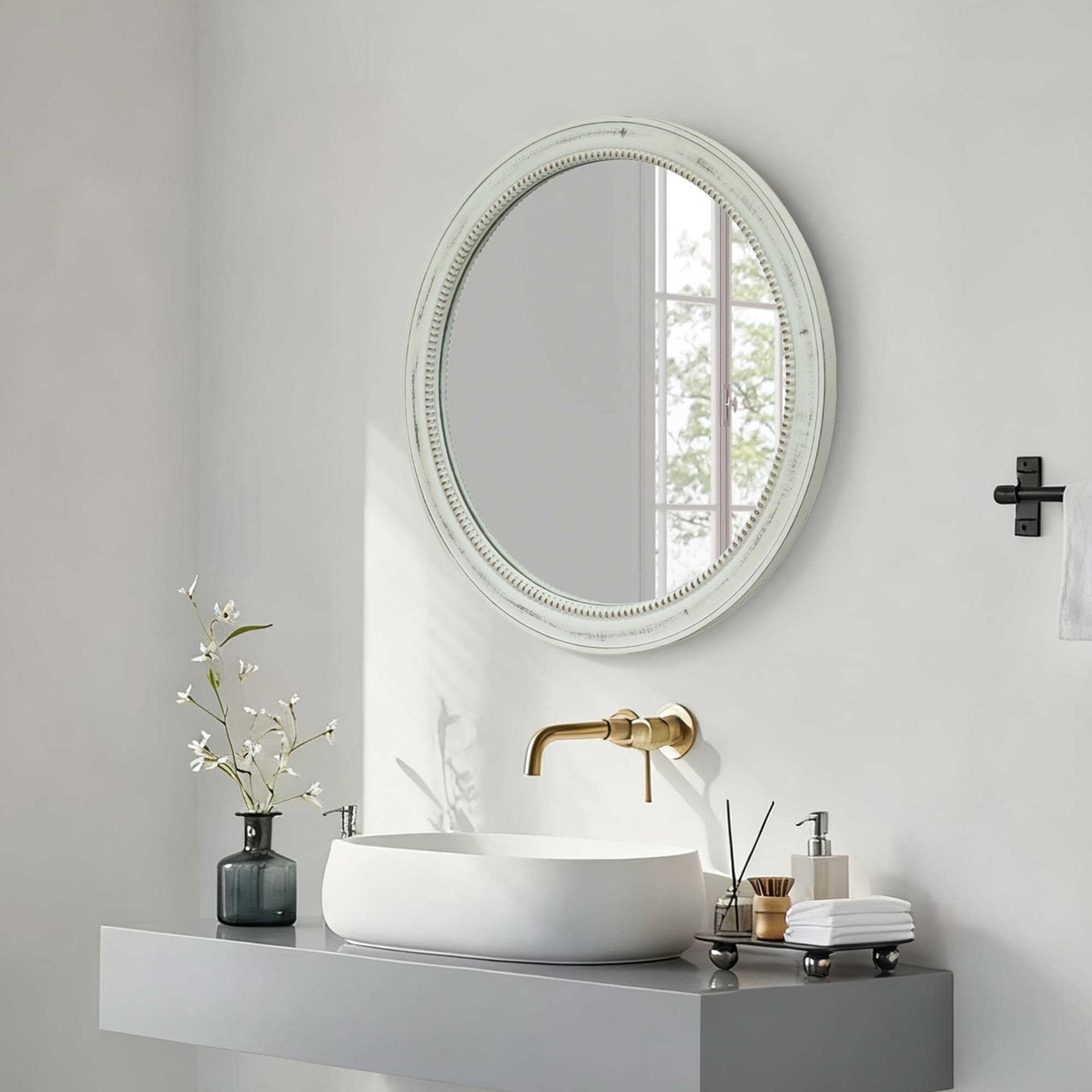 Round Distressed White Wood Beaded Wall Mirror Natural Wood