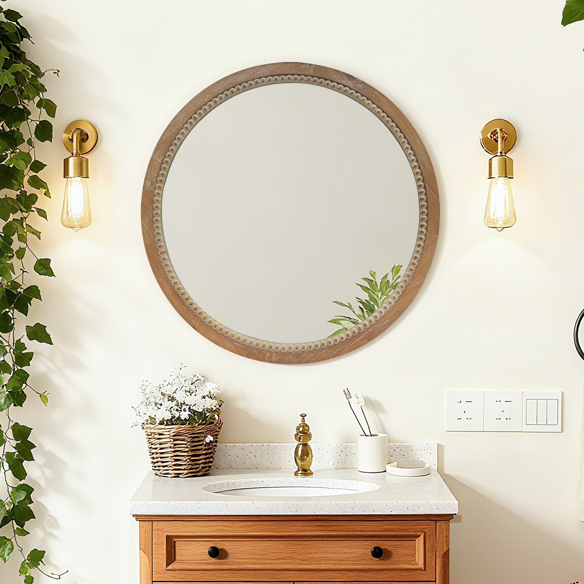 Round Distressed Wood Beaded Wall Mirror Natural Wood