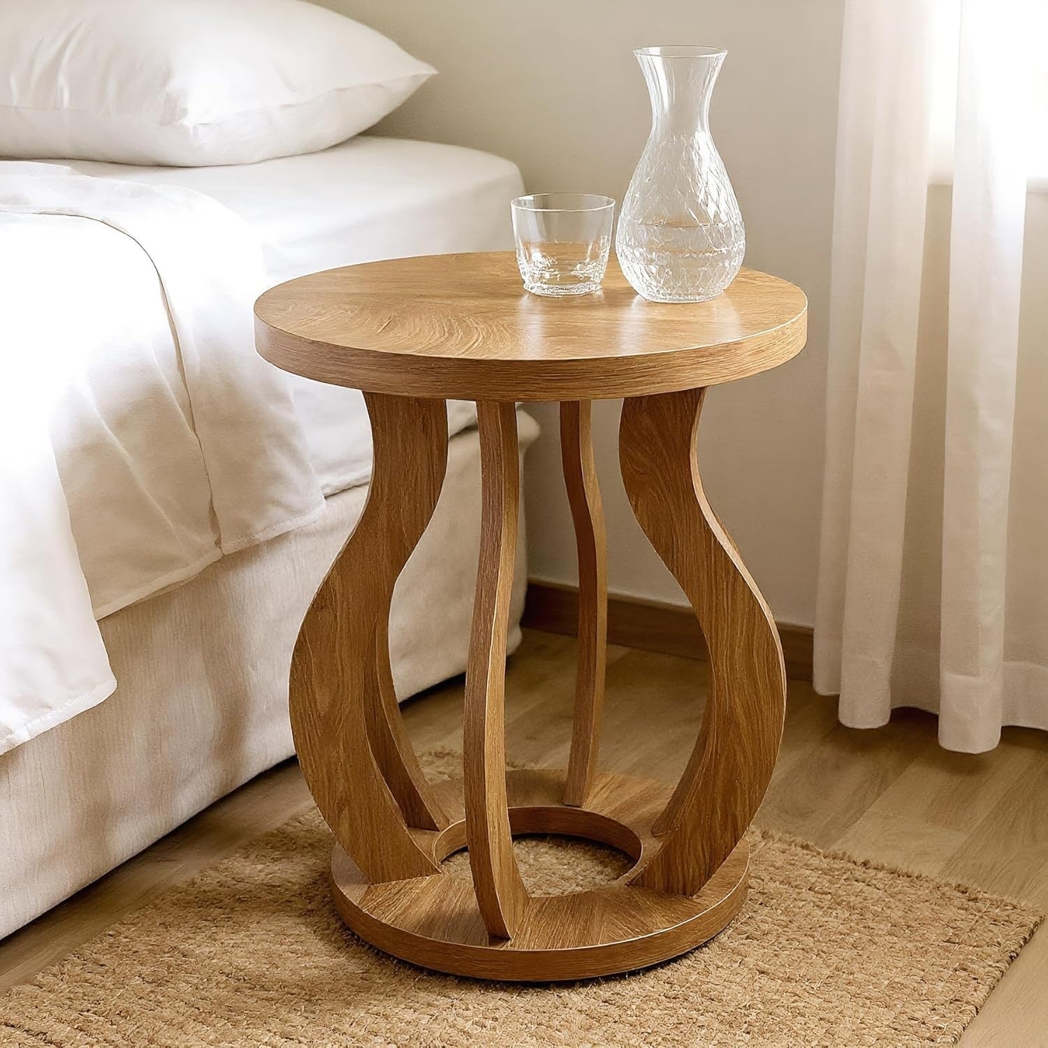 Round End Side Table With Curved Frame Farmhouse Wooden Accent Nightstand For Bedroom Small Spaces