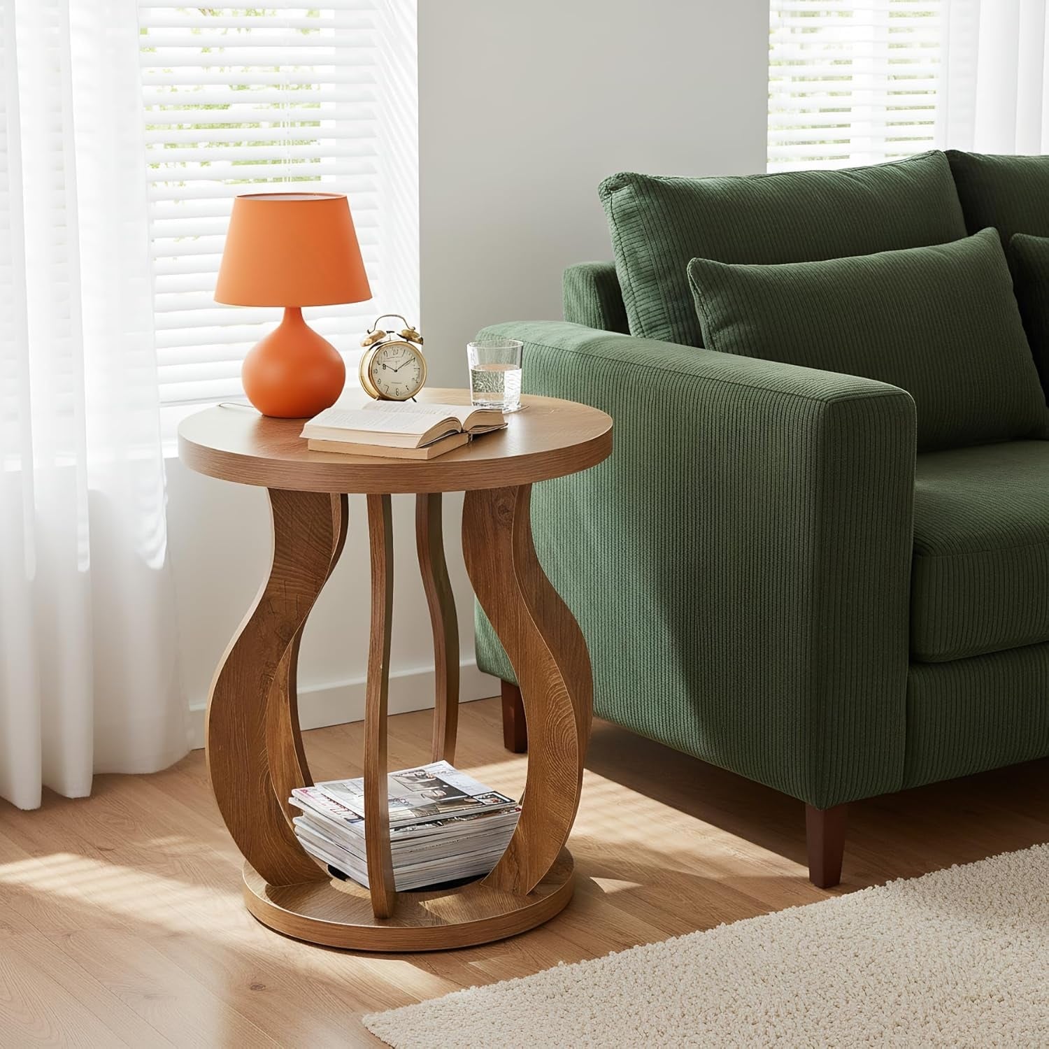 Round End Side Table Farmhouse Wooden Bedside Nightstand With Curved Frame