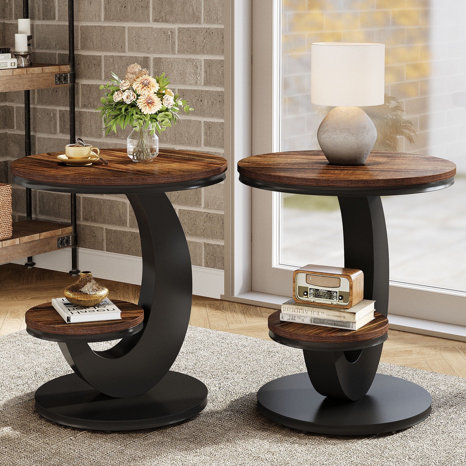 Round End Table Set Of 2 Side Table With Storage Shelf Sofa Side Bedside Nightstand For Small Spaces Living Room Bedroom