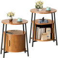 Round End Tables Set Of 2 Charging Station Fluted Accent Side Table With Sliding Door Mid Century Nightstand For Small Space
