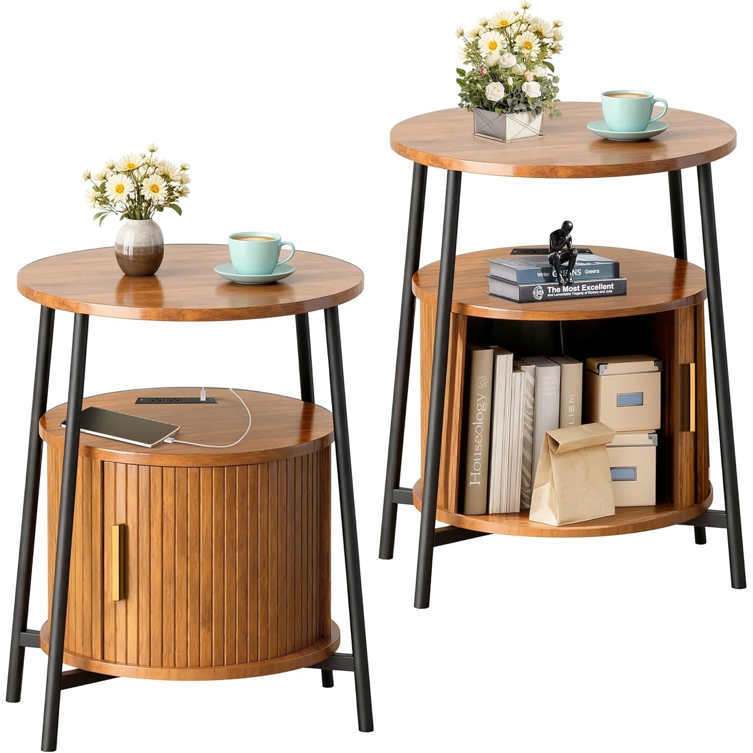 Round End Tables Set Of 2 Charging Station Fluted Accent Side Table With Sliding Door Mid Century Nightstand For Small Space