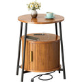 Round End Tables With Charging Station Fluted Accent Side Table With Sliding Door Mid Century Modern Nightstand For Small Space