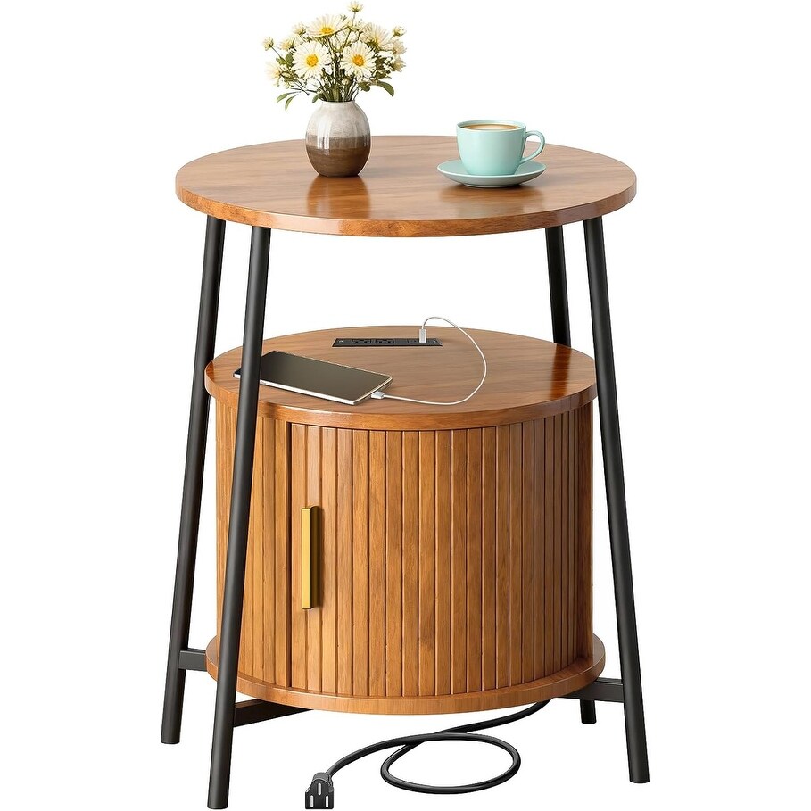 Round End Tables With Charging Station Fluted Accent Side Table With Sliding Door Mid Century Modern Nightstand For Small Space