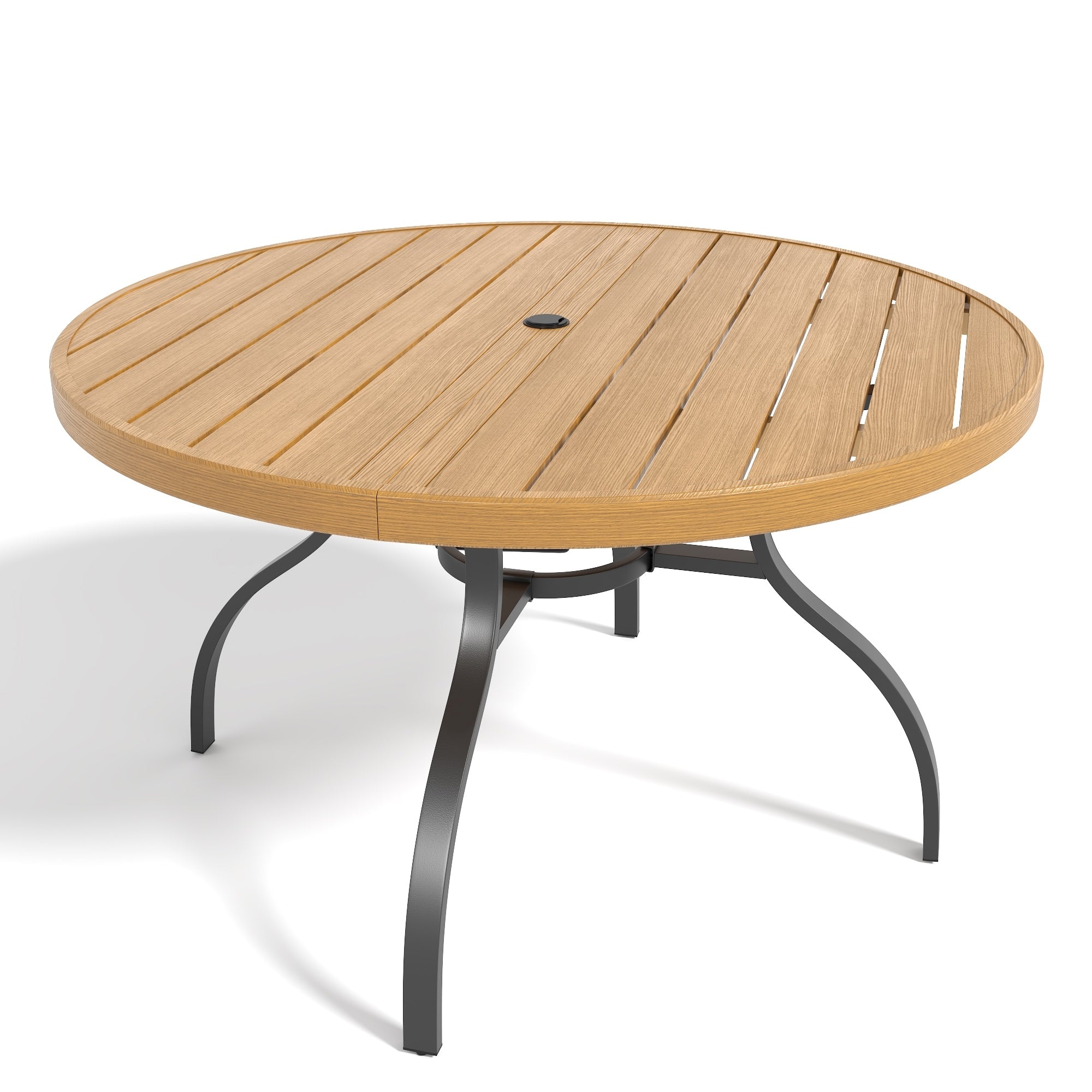 Round Faux Wood Slat Patio Table 41 With Umbrella Hole Realistic Wood Grain Top High Quality Iron Legs Rust Resistant