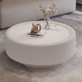 Round Fluted Coffee Table With Tempered Glass Top Pu Leather Body Baked Enamel Metal Base Hidden Storage