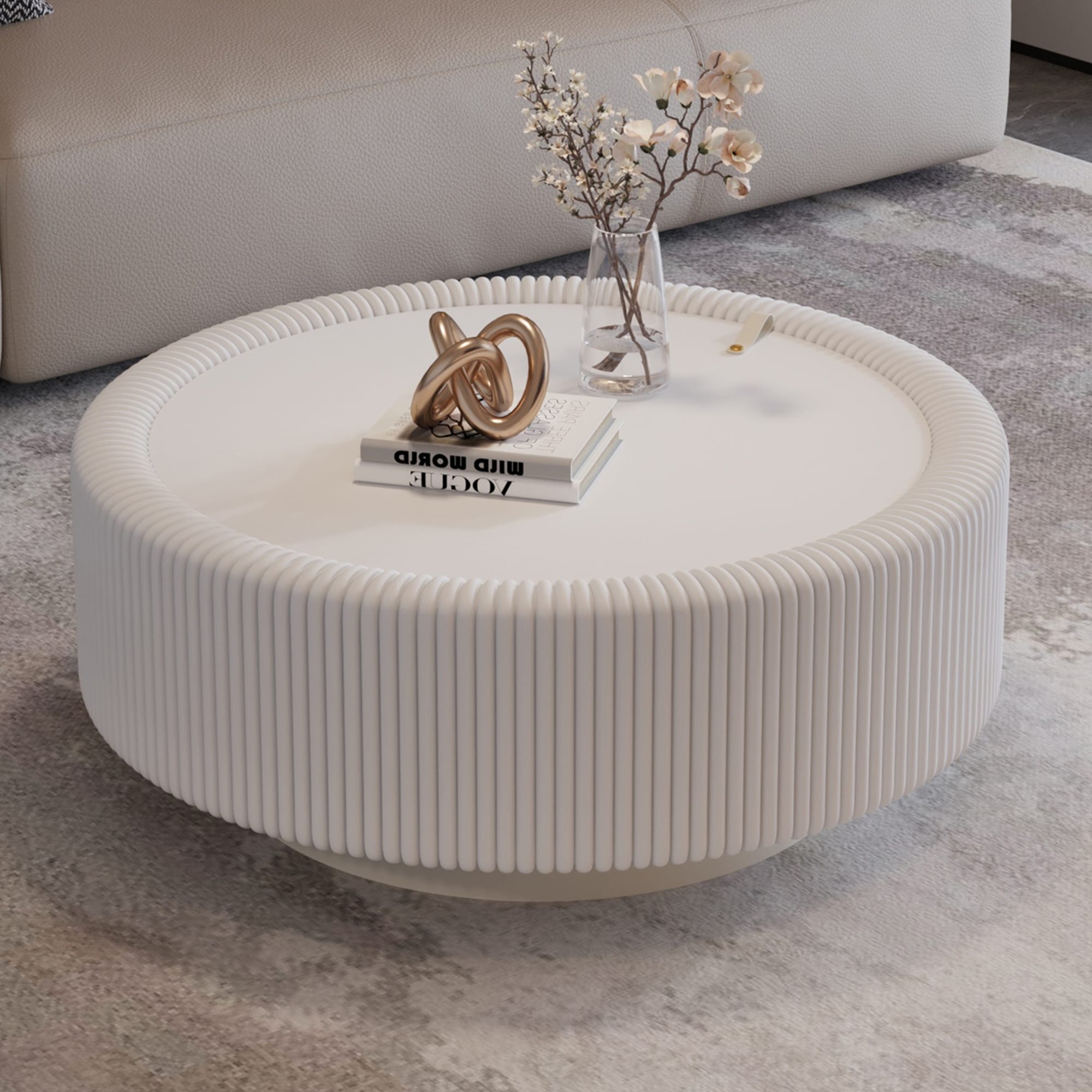Round Fluted Coffee Table With Tempered Glass Top Pu Leather Body Baked Enamel Metal Base Hidden Storage