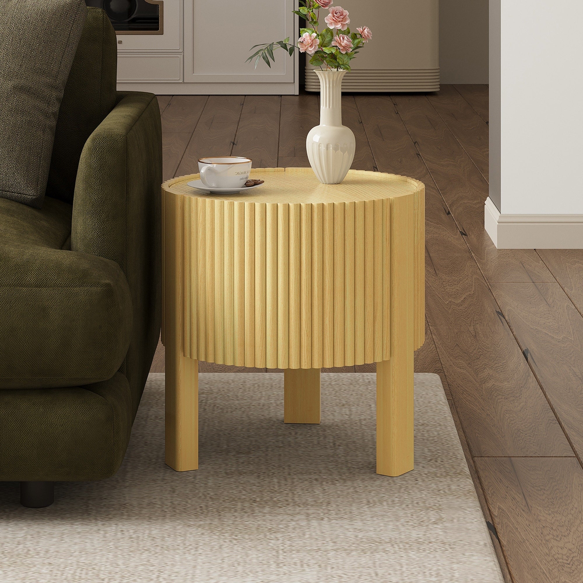 Round Fluted Side Table Sofa Table With Storage Natural Cocktail Table Coffee Table End Table For Living Room