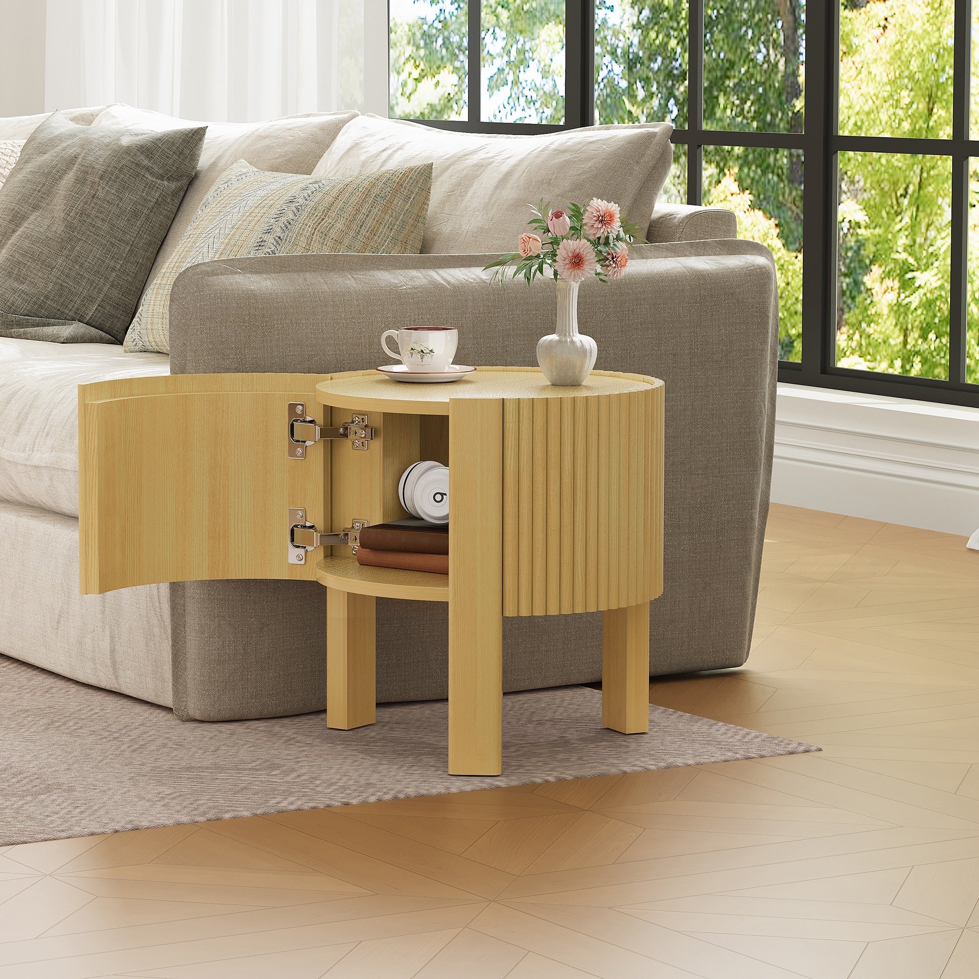 Round Fluted Side Table With Storage For Living Room Rubber Solid Wood Soft Close Door Natural 19.6