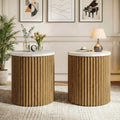 Round Fluted Side Table Small End Table With Faux Marble Tabletop And Drum Pedestal