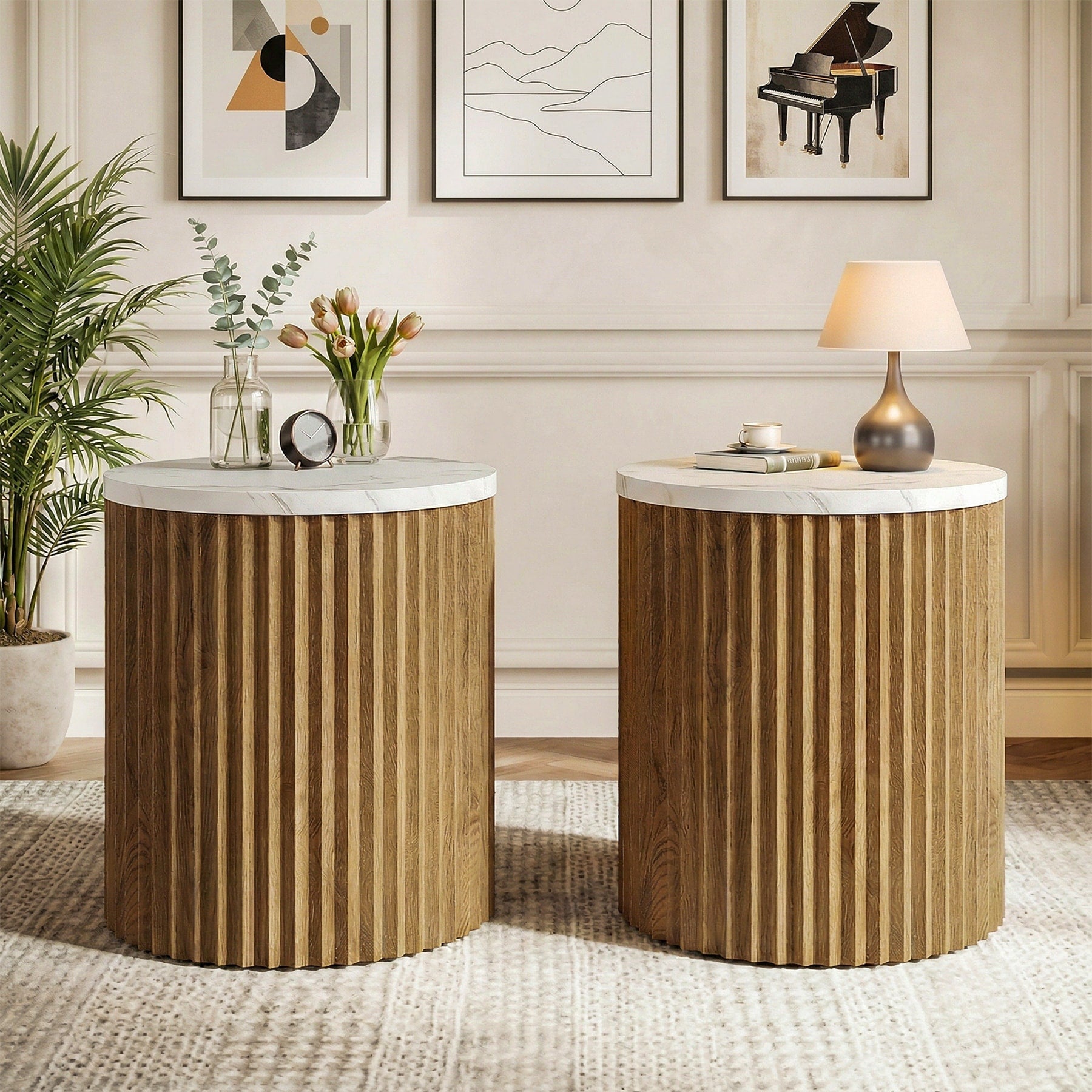 Round Fluted Side Table Small End Table With Faux Marble Tabletop And Drum Pedestal