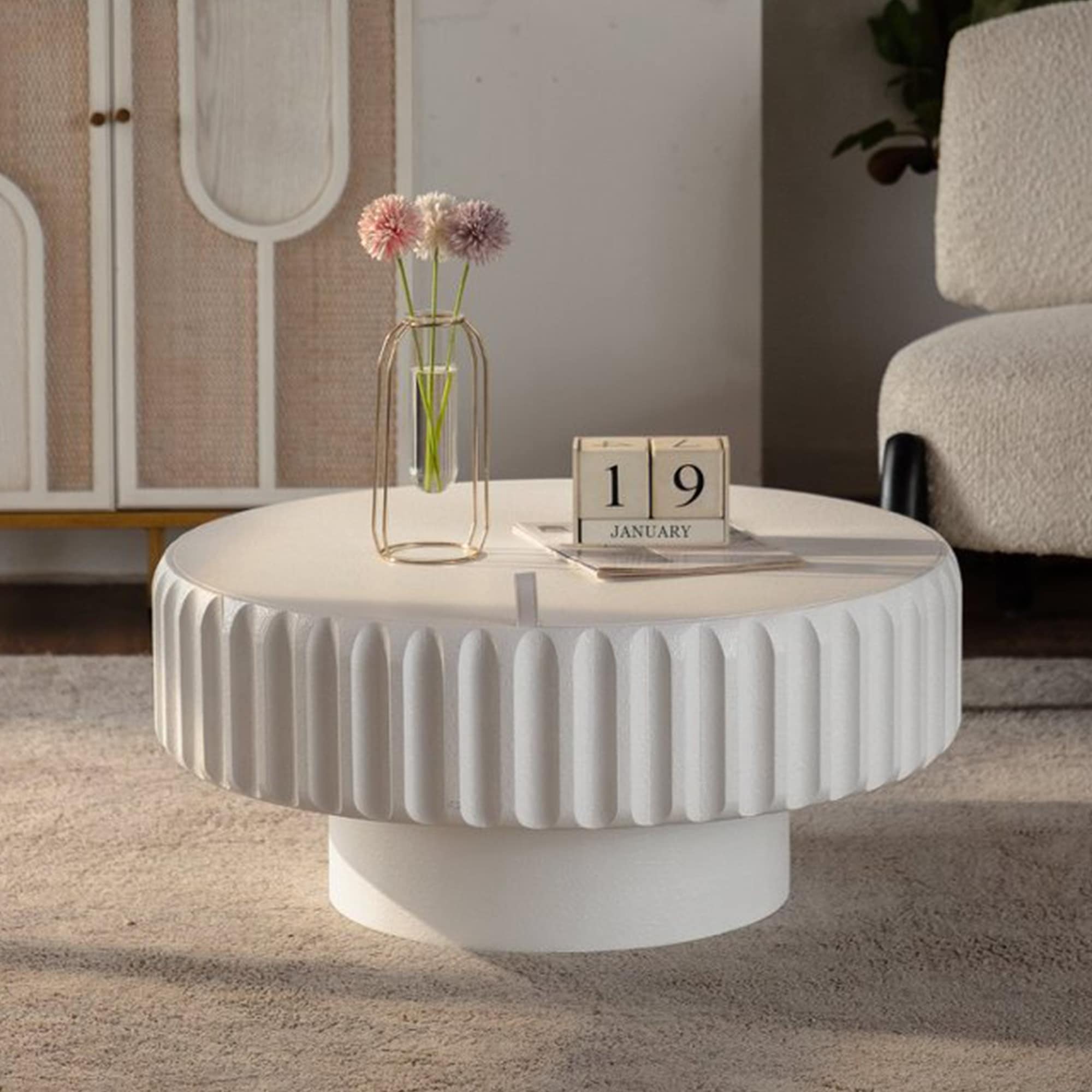 Round Fluted Storage Table With Lift Off Lid Sleek Texture Perfect For Modern Living