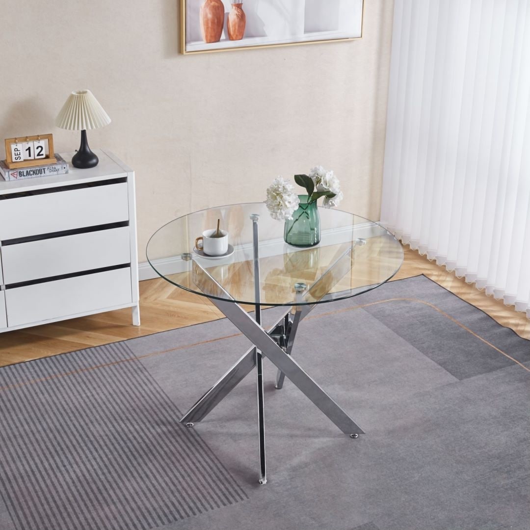 Round Glass Dining Table For 4 Person Kitchen Table With Tempered Glass Top Cross Metal Legs Leisure Table For Small Places
