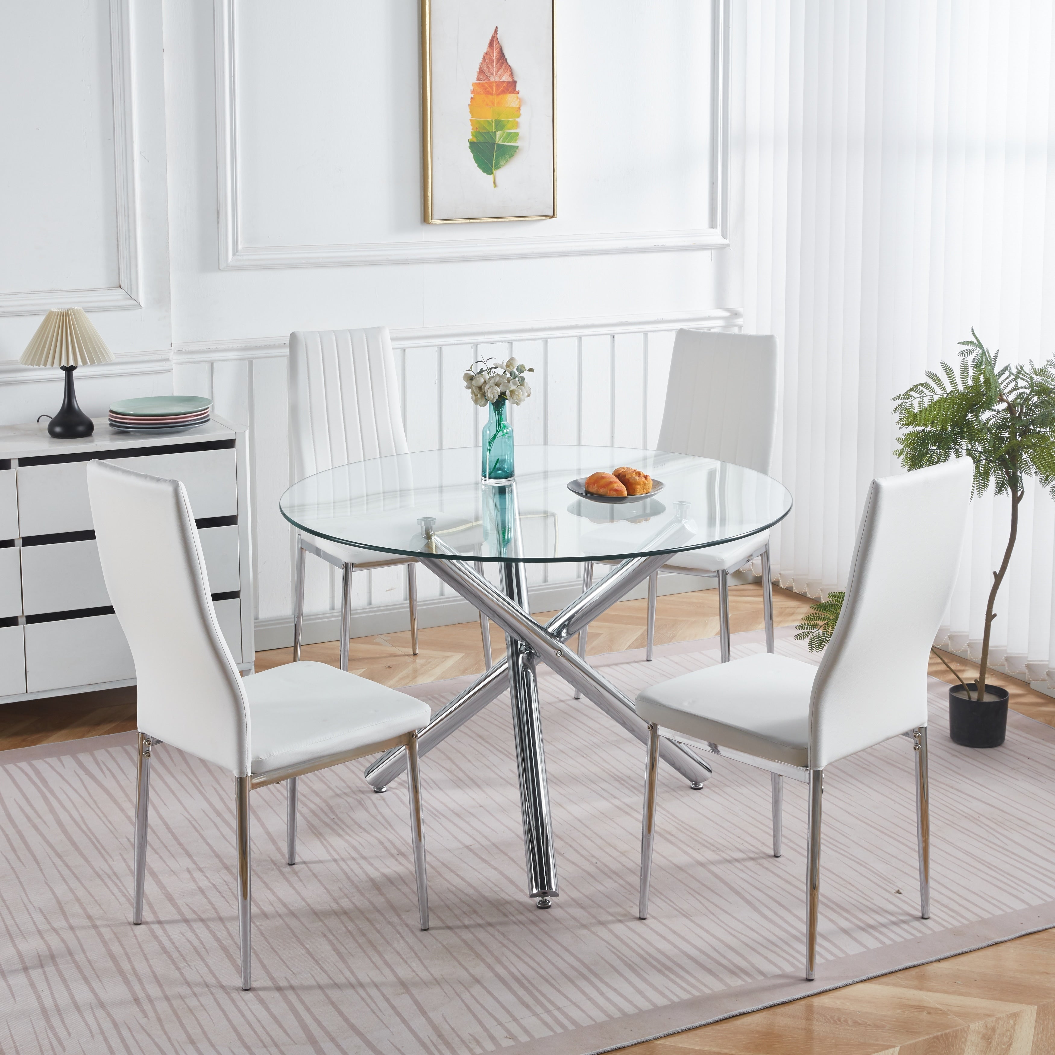 Round Glass Dining Table For 4 Person Small Kitchen Table With Glass Tabletop Metal Legs Modern Leisure Coffee Table