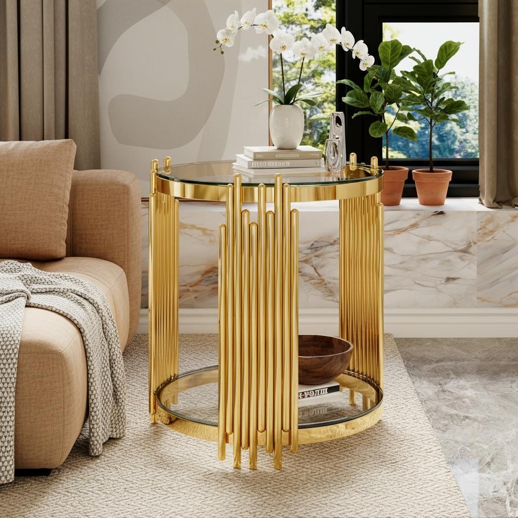 Round Gold Glass End Table With 2 Tier Shelf And Sculptural Metal Base By Harper Bright Designs