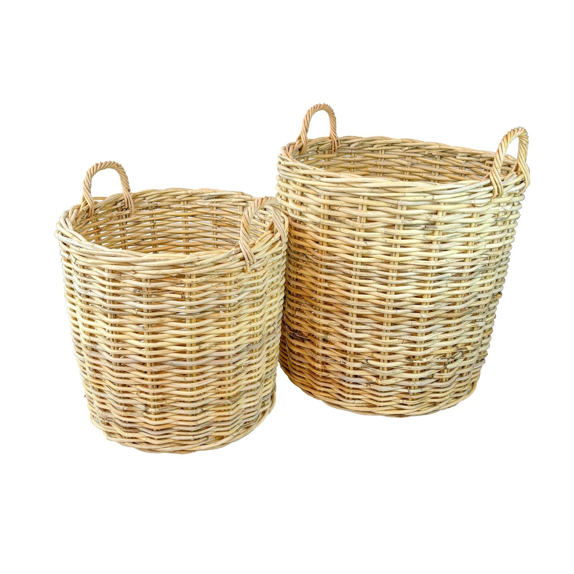 Round Handwoven Rattan Baskets With Handle 23.5 Beige Set Of 2