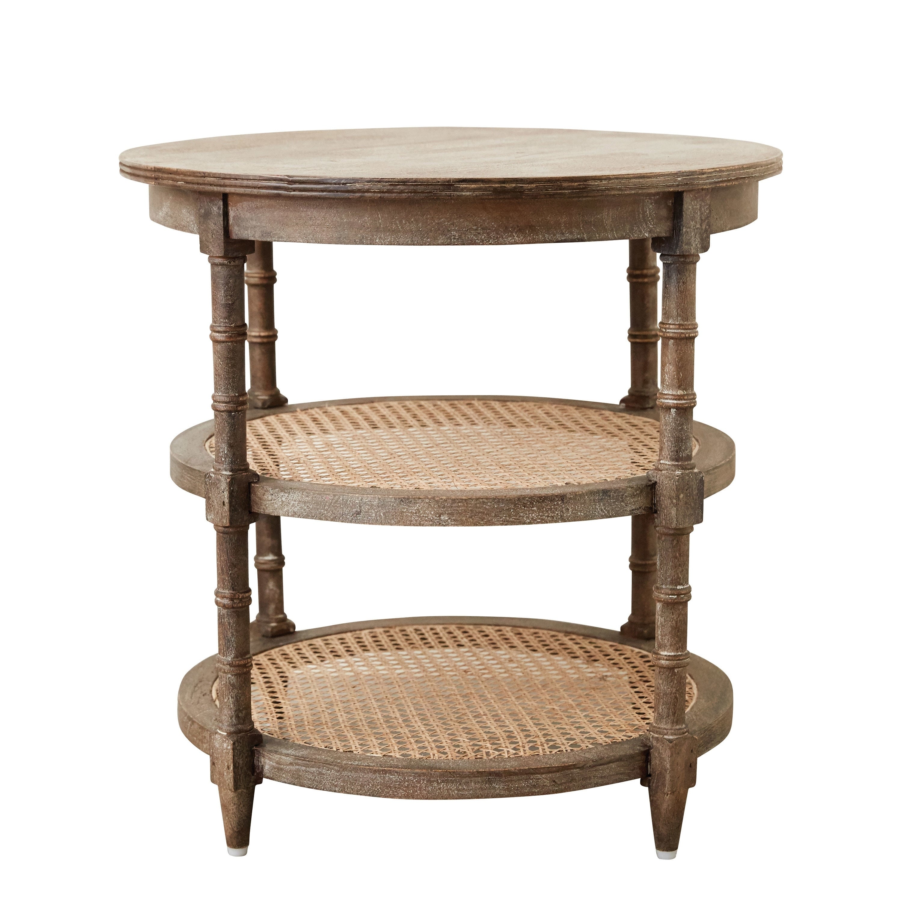 Round Mango Wood Table With 2 Cane Shelves