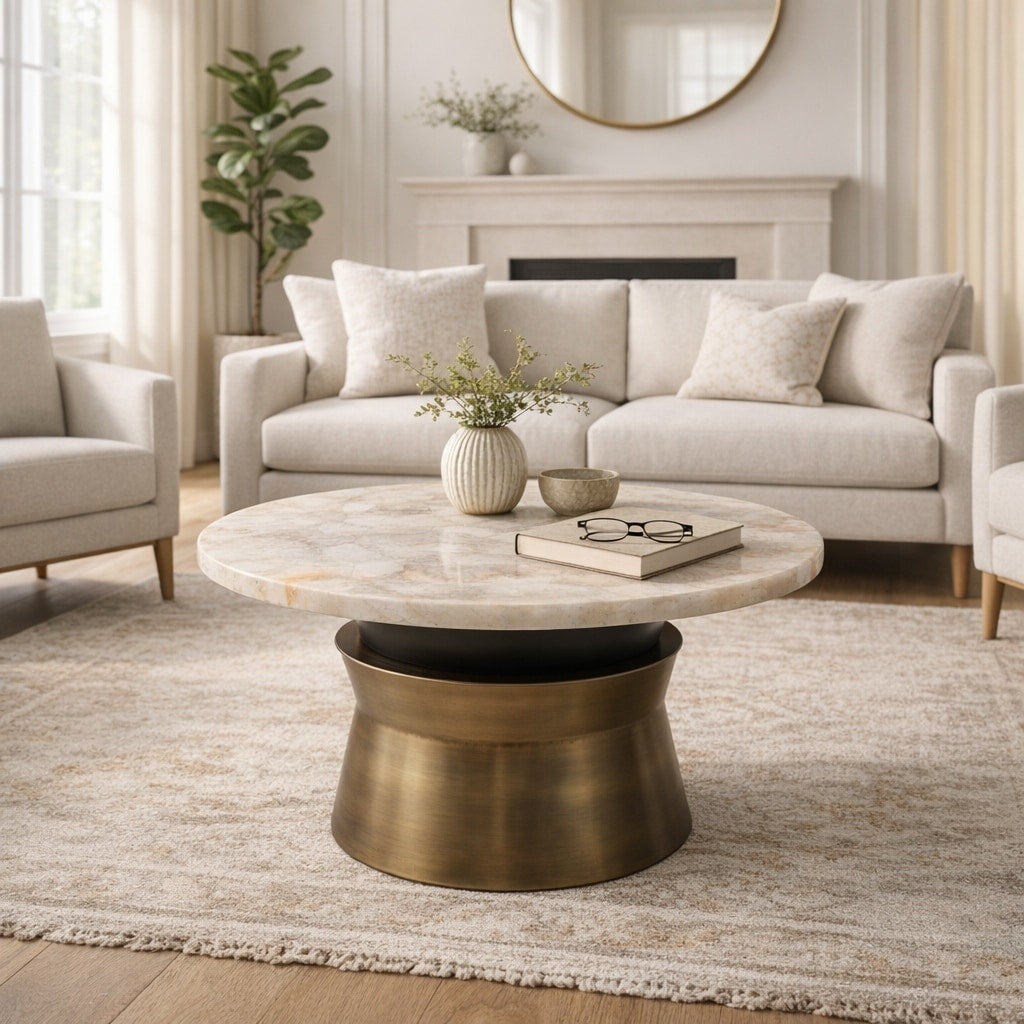 Round Marble Agate Top Table With Metal Base 30 Gold White 30.0