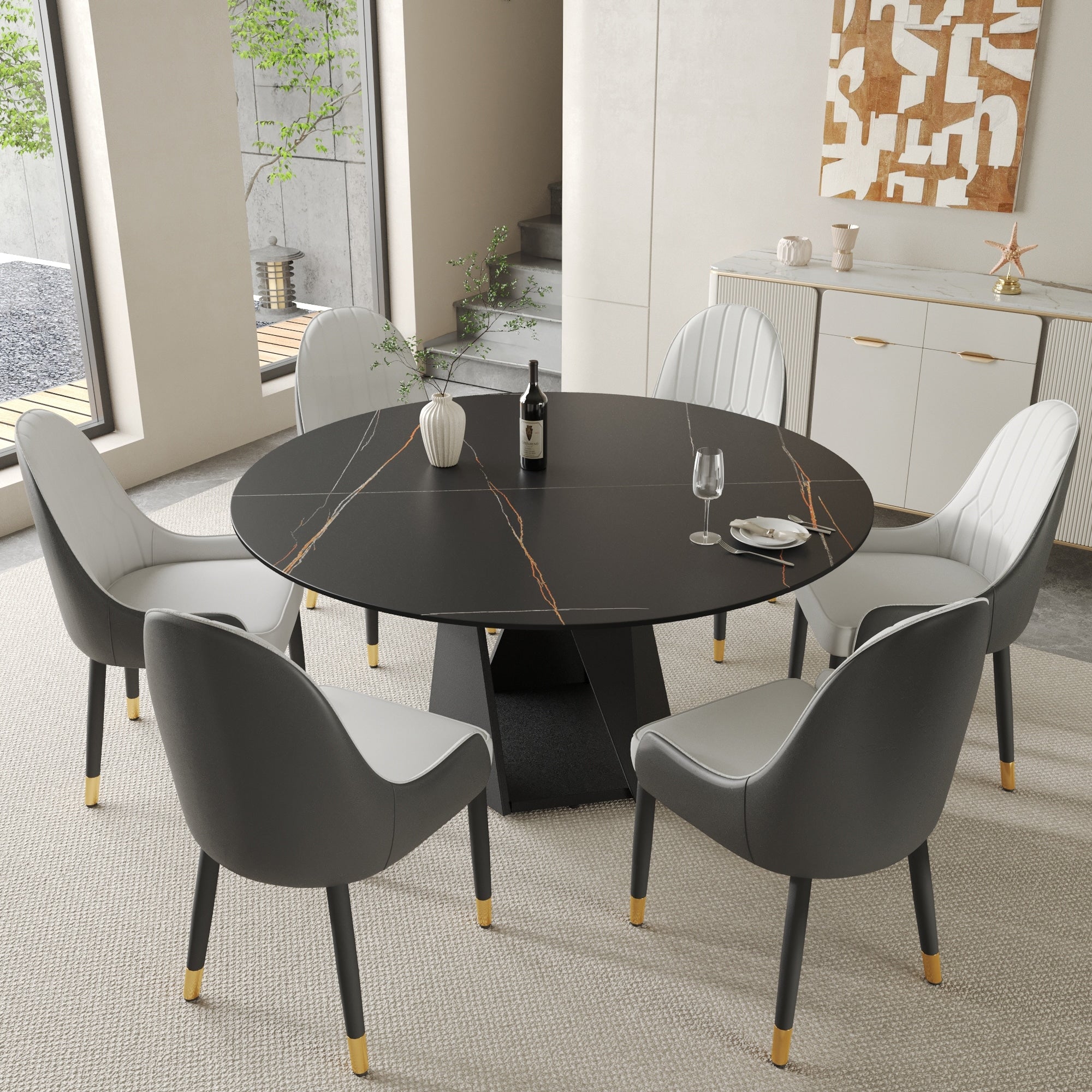 Round Marble Sintered Stone Table Top And Metal Legs 59 Kitchen Table Dinner Table For 8 People