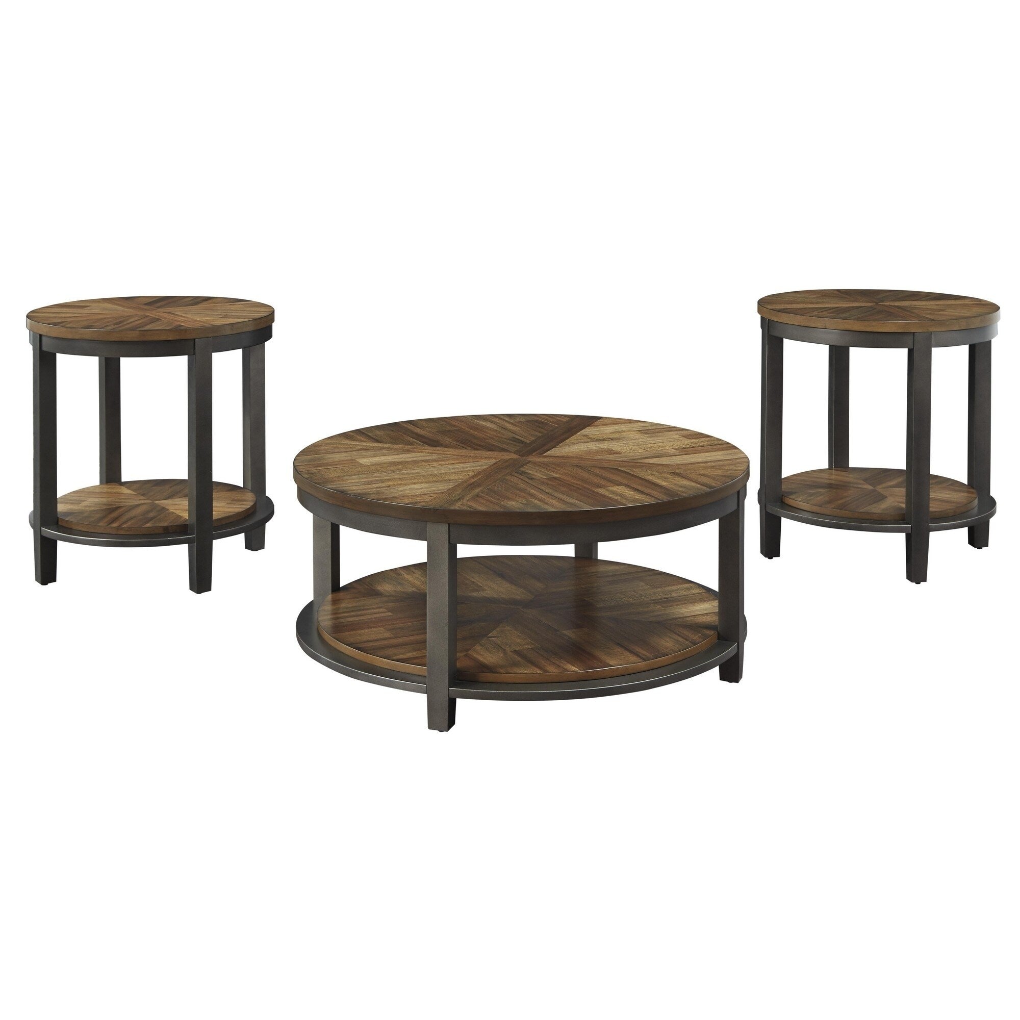 Round Metal Frame Table Set With Wooden Top And Open Bottom Shelf Brown