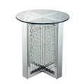 Round Mirrored Metal End Table With Glass Top And Crystal Accent Base Silver