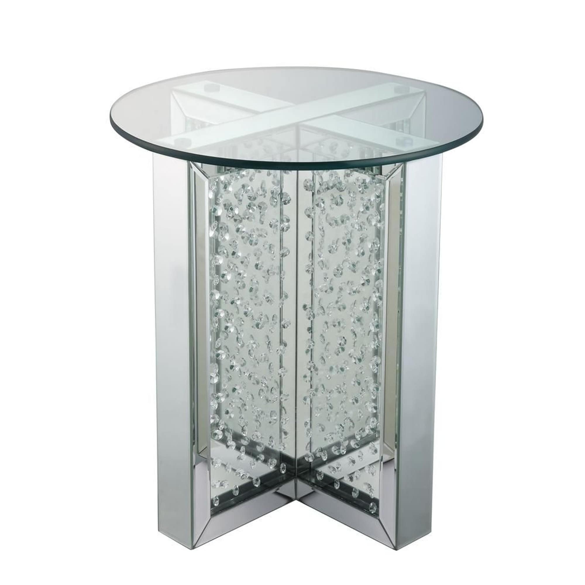 Round Mirrored Metal End Table With Glass Top And Crystal Accent Base Silver