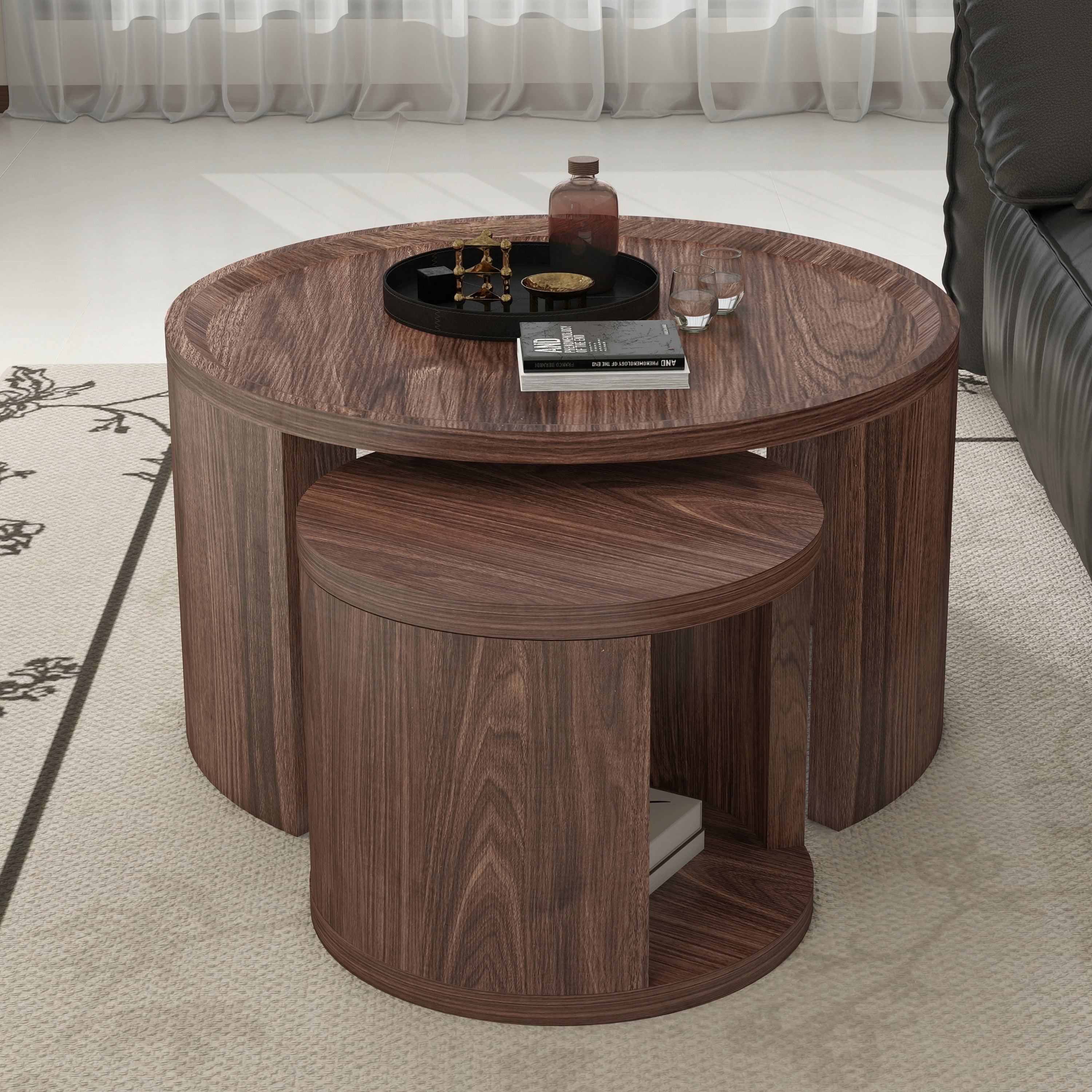 Round Nesting Table Coffee Table Set Of 2 For Living Room Side Table Minimalist Brown Wood Center Table