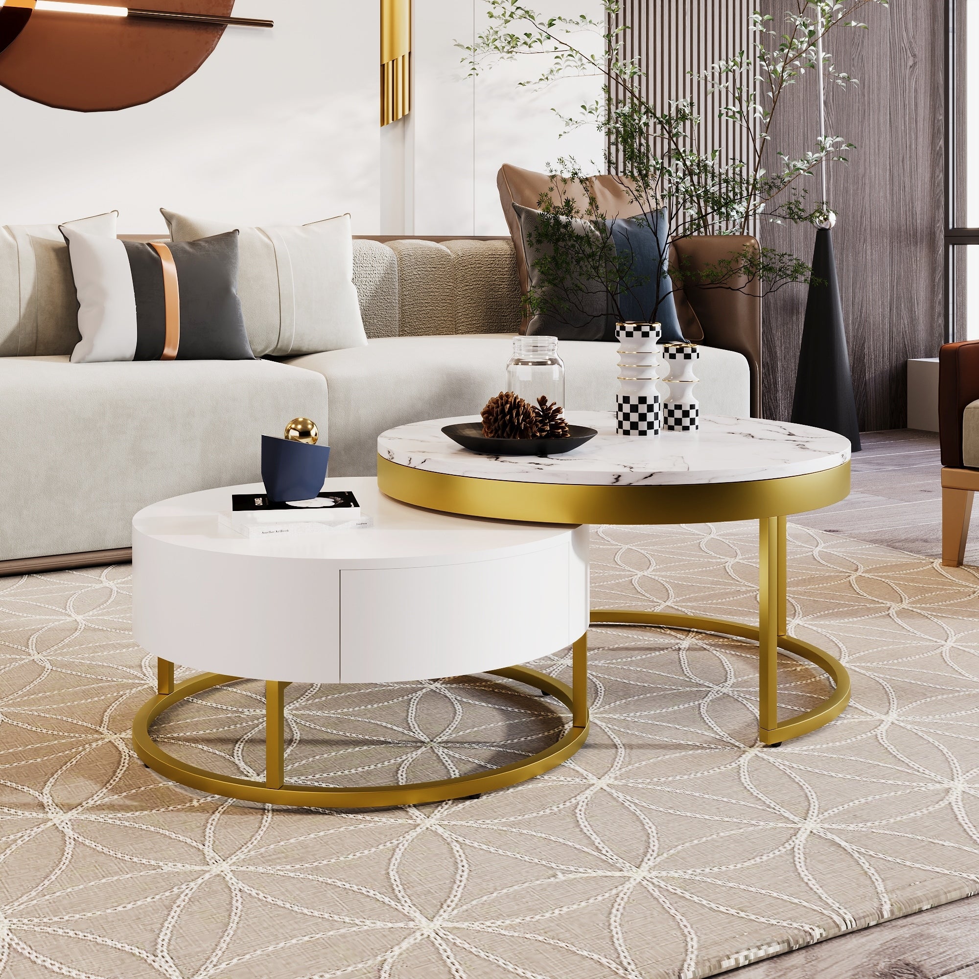 Round Nesting Table Coffee Table With Drawers Golden White Side Table Sofa Table Cemter Table For Living Room
