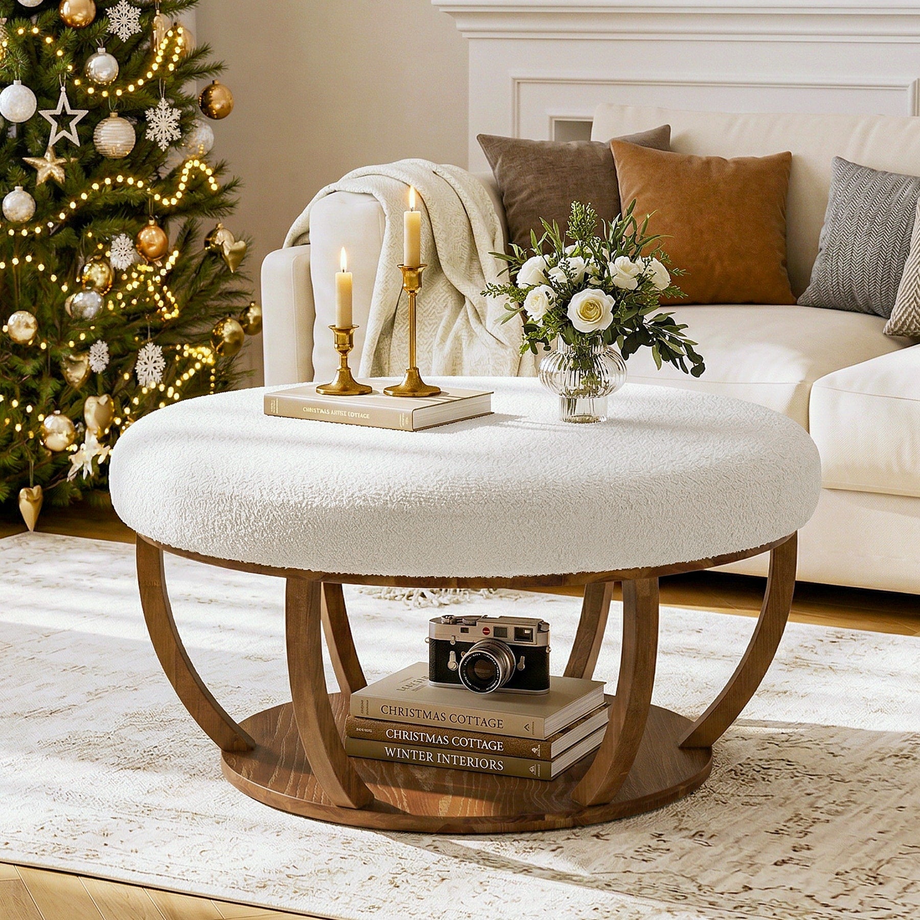 Round Ottoman Coffee Table For Living Room 2 Tier Storage Center Table With Solid Wood Frame 31.5 L X 31.5 W X 18.1 H