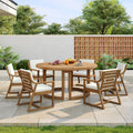 Round Patio Dining Table Set For 6 With Umbrella Hole Durable Acacia Wood Outdoor Furniture