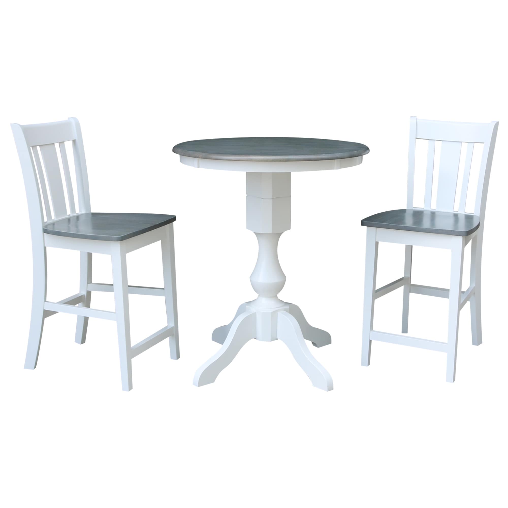 Round Pedestal Counter Height Table And 2 San Remo Stools In Washed Gray Taupe