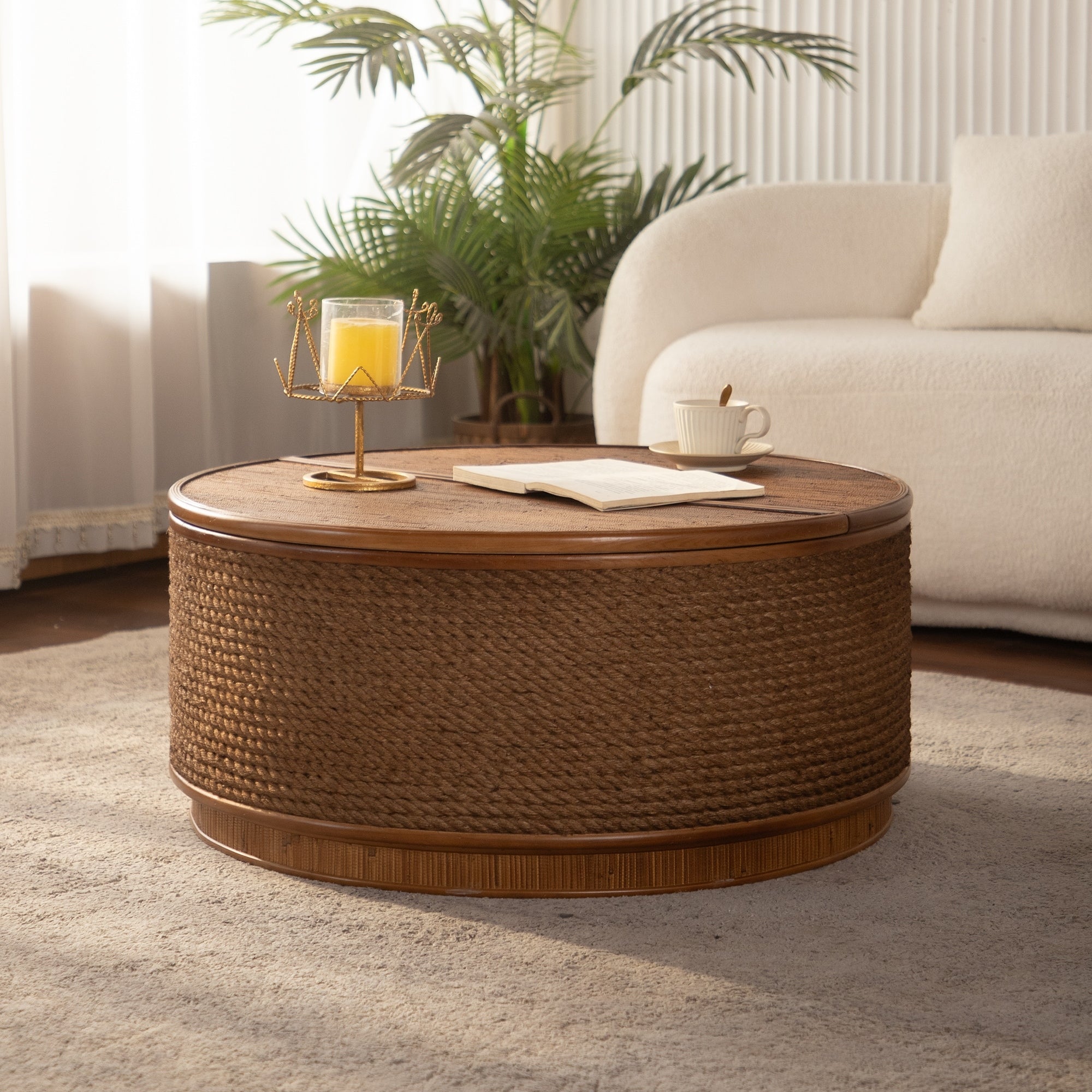Round Rattan Coffee Table Center Table With Lift Off Lid Storage Natural Wood End Table Side Table Sofa Table