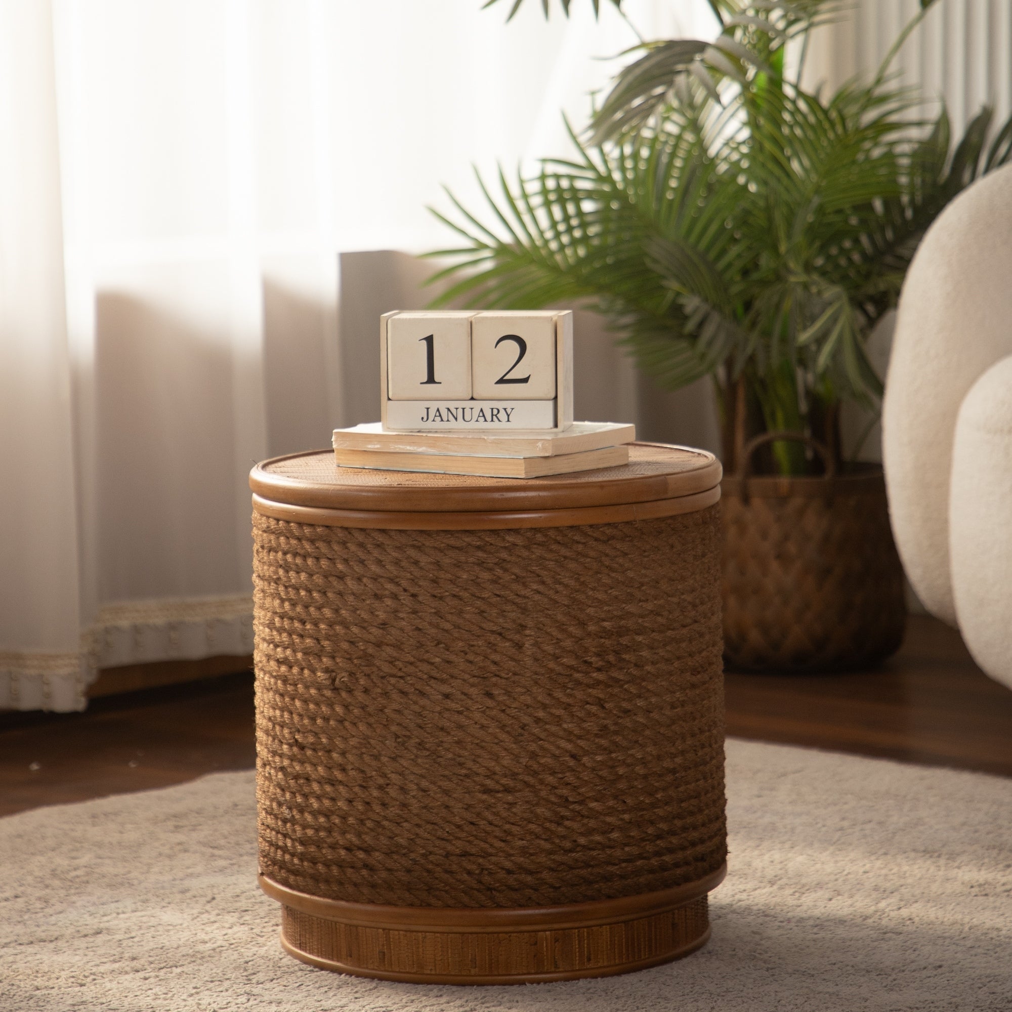 Round Rattan Coffee Table With Lift Off Lid Storage Hand Woven Hemp Rope Trim Boho Chic Style Perfect For Cozy Living Rooms