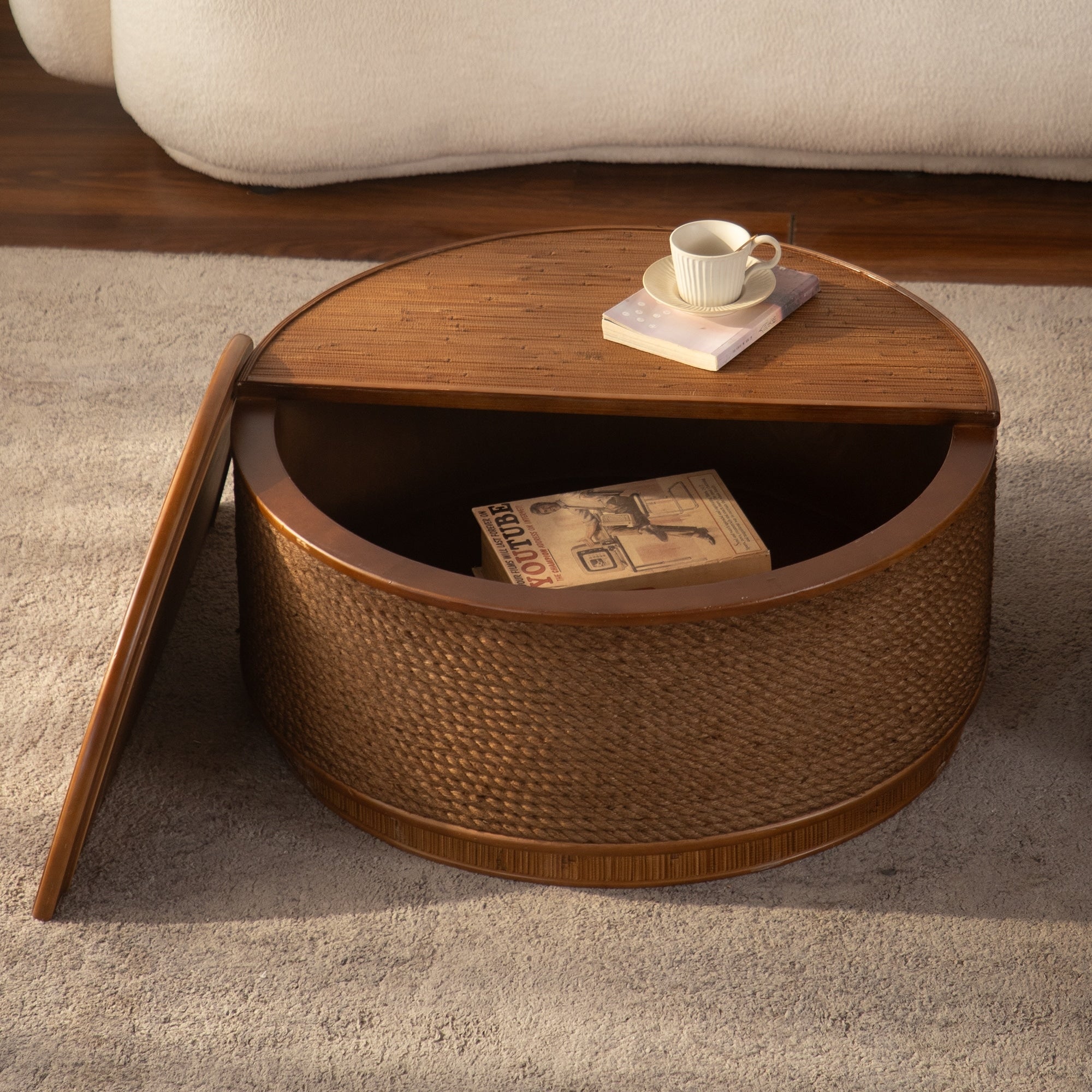 Round Rattan Coffee Table With Lift Off Lid Storage Hand Woven Hemp Rope Trim Boho Chic Style Perfect For Cozy Living Rooms