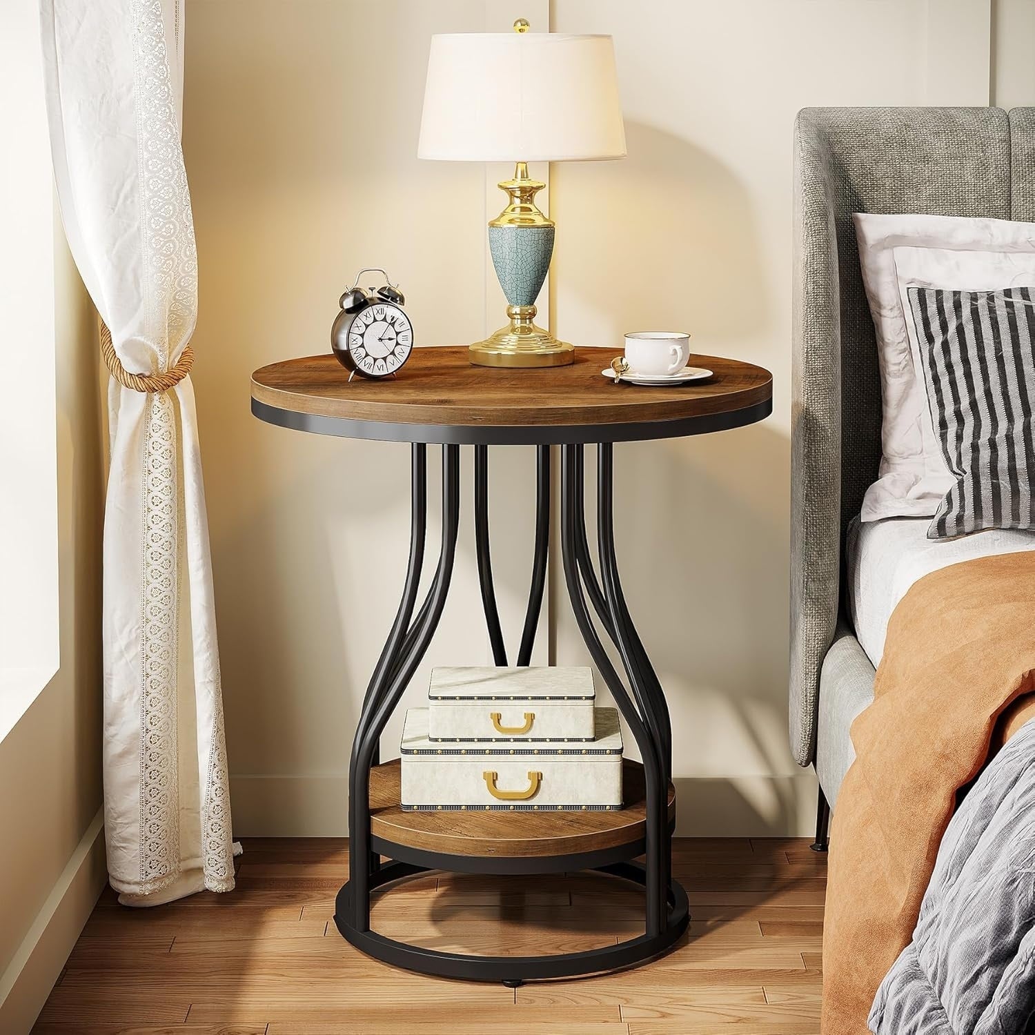 Round Side End Table 2 Tier End Tables Modern Bedside Table Small Chirside Tables With Storage For Couch Side Nightstand