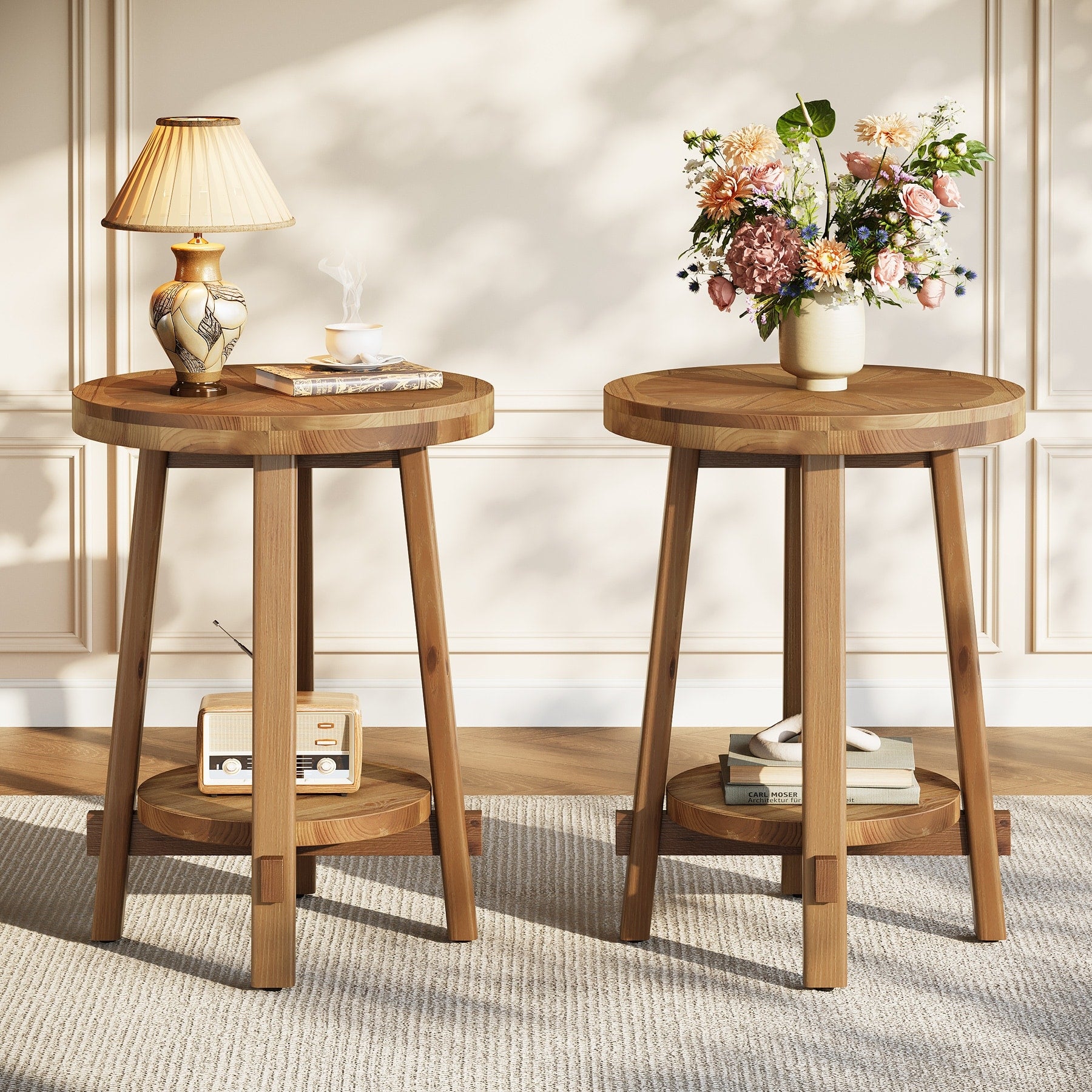 Round Side Table Solid Wood 2 Tier End Table For Living Room