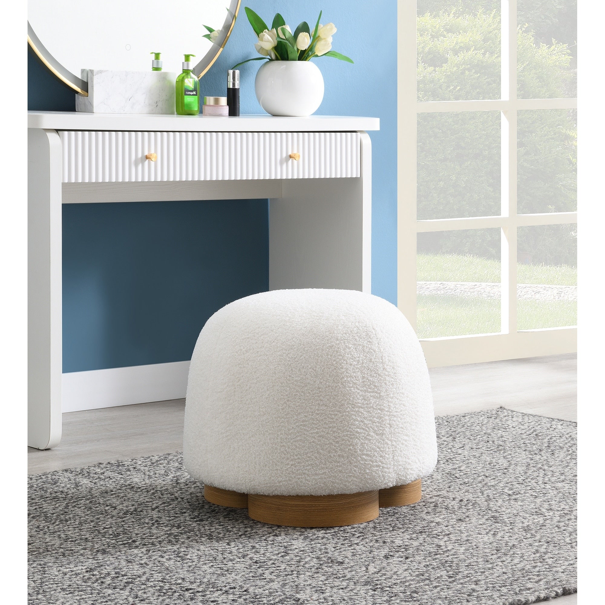 Round Soft Teddy Fabric Upholstered Ottoman Footstool With Soft Padded Seat Fully Assembled Modern Sofa Couch Footrest